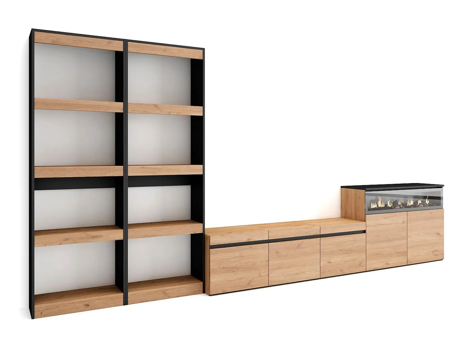 Móvel De Tv|Skraut Home Conjunto de móveis TV, 370x35x186cm, Para televisores até 65", Lareira eléctrica, Carvahlo e preto Natural claro