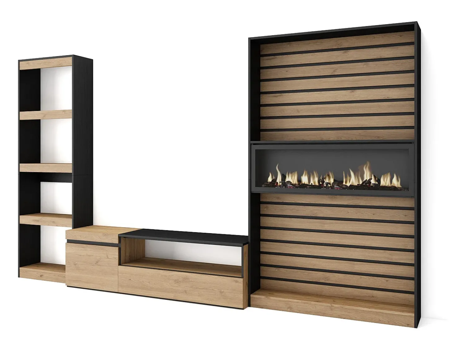 Discount Skraut Home Conjunto de móveis TV, 320x35x186cm, Lareira eléctrica, Carvahlo e preto Natural claro