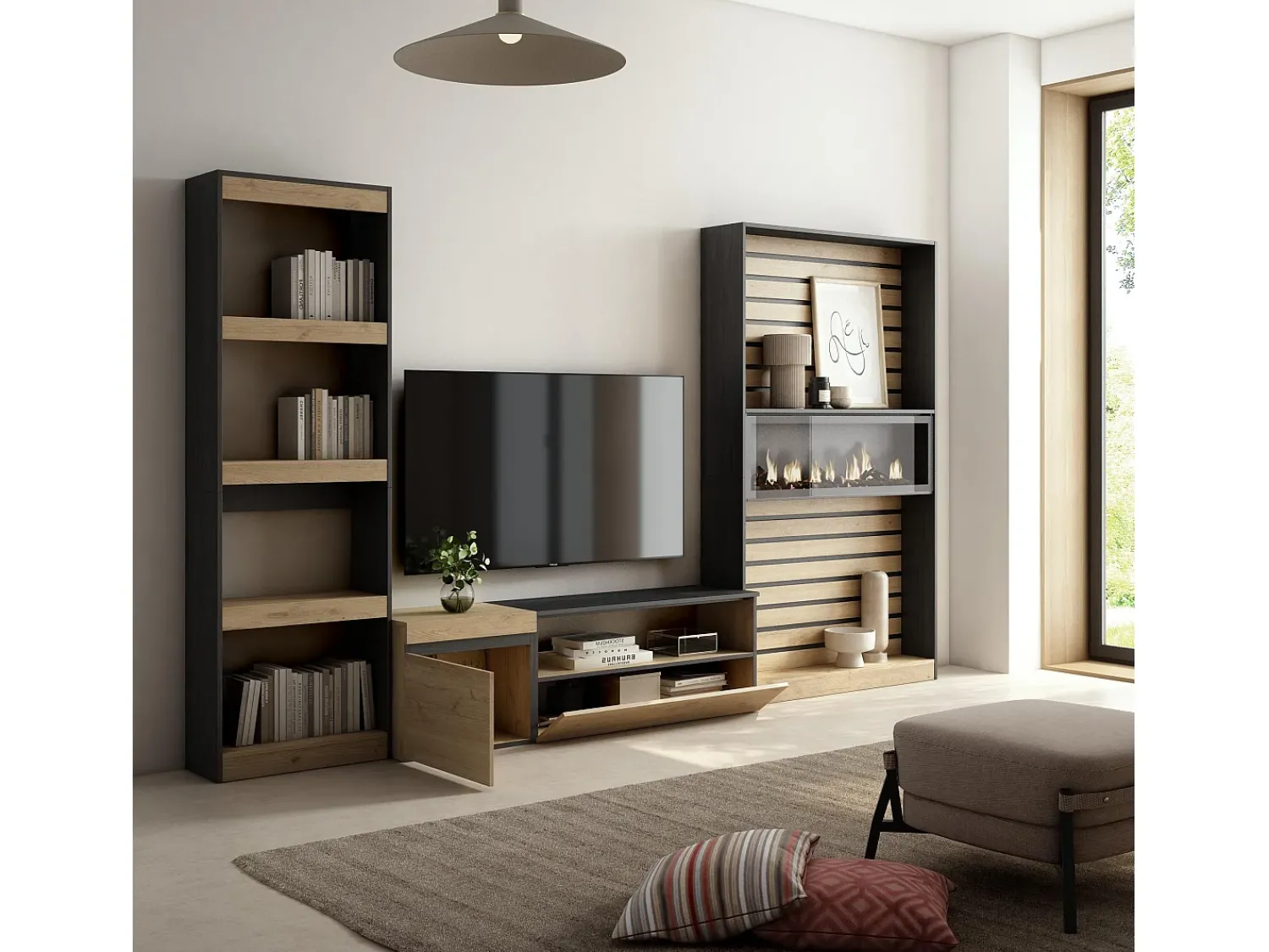 Discount Skraut Home Conjunto de móveis TV, 320x35x186cm, Lareira eléctrica, Carvahlo e preto Natural claro