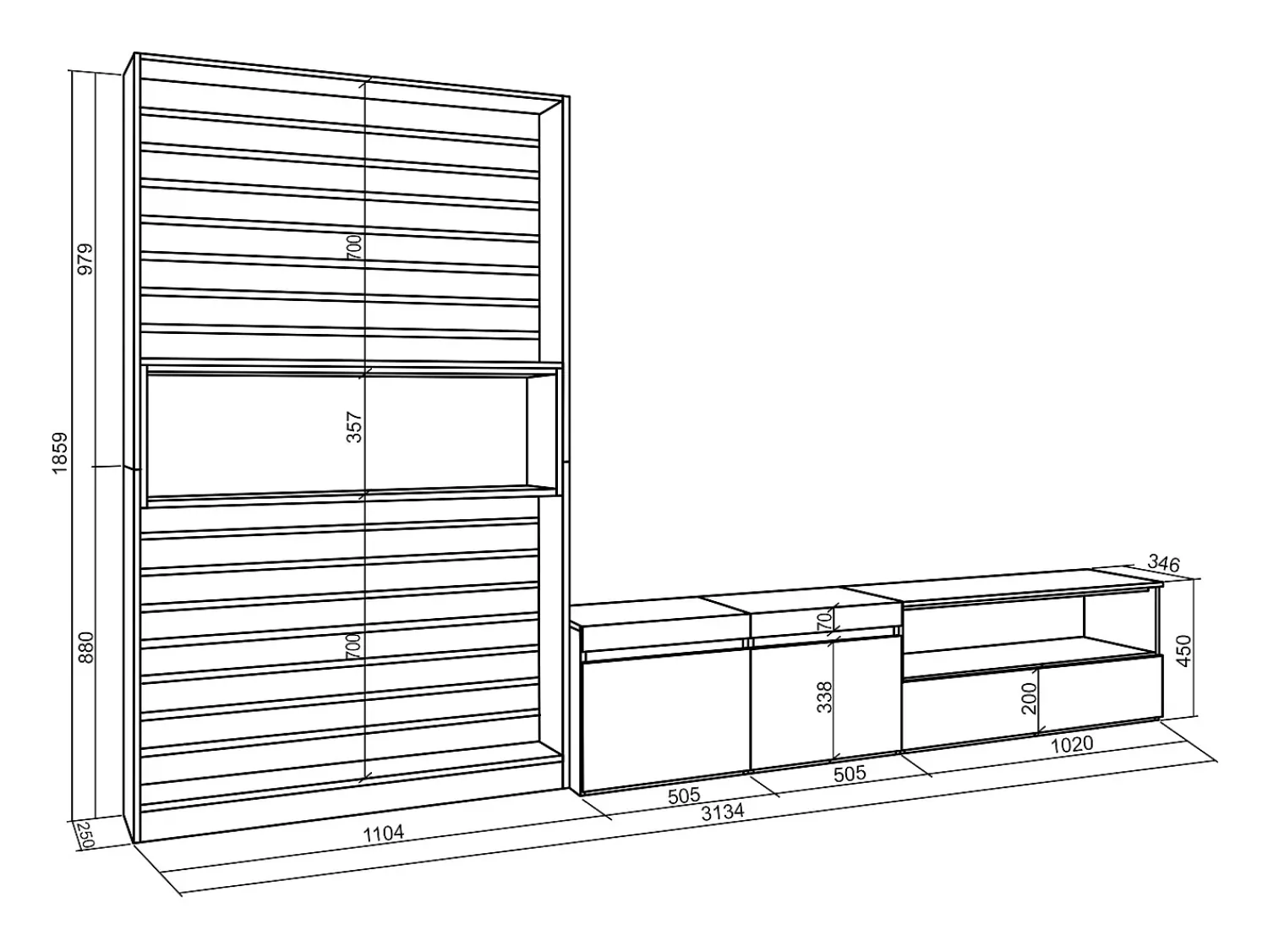 Móvel De Tv|Skraut Home Conjunto de móveis TV, 310x35x186cm, Para televisores até 80", Estante para TV, e preto Branco