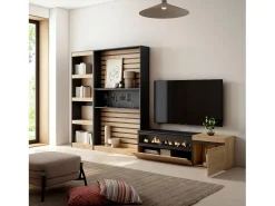 Móvel De Tv|Skraut Home Conjunto de móveis TV, 320x35x186cm, Lareira eléctrica, Carvahlo e preto Natural claro