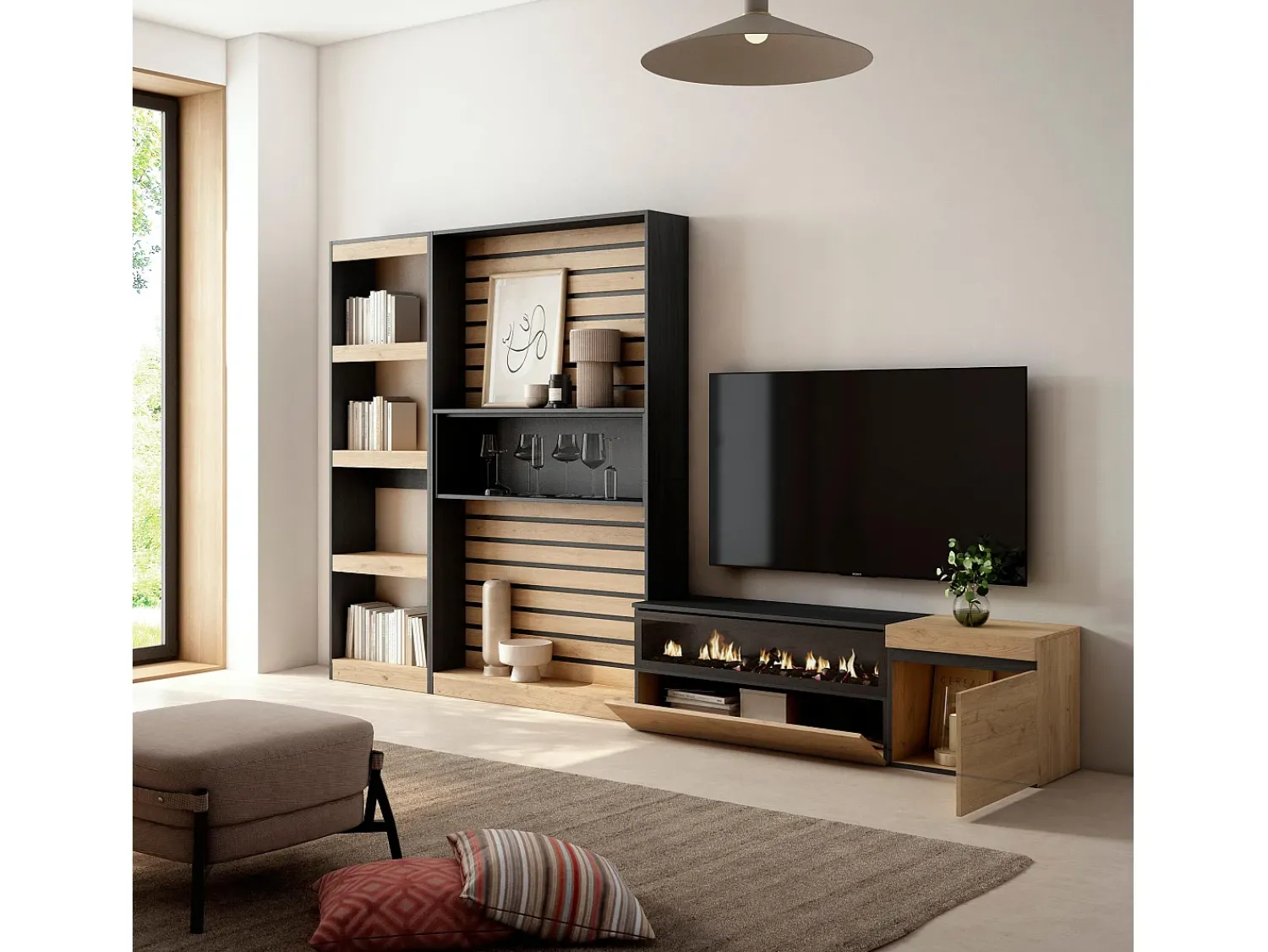 Móvel De Tv|Skraut Home Conjunto de móveis TV, 320x35x186cm, Lareira eléctrica, Carvahlo e preto Natural claro