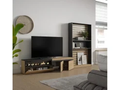 Clearance Skraut Home Conjunto de móveis TV, 310x35x186cm, Para televisores até 80", Lareira eléctrica, Carvahlo e preto Natural claro