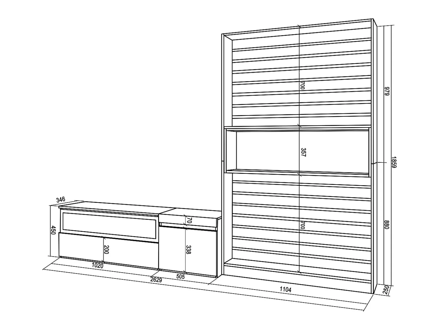 Móvel De Tv|Skraut Home Conjunto de móveis TV, 260x35x186cm, Para televisores até 65", Lareira eléctrica, e preto Branco