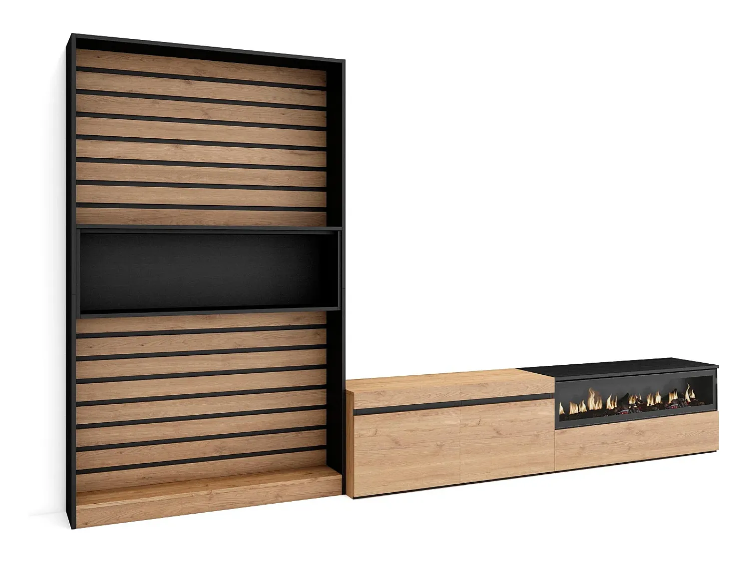 Online Skraut Home Conjunto de móveis TV, 310x35x186cm, Para televisores até 80", Lareira eléctrica, Carvahlo e preto Natural claro