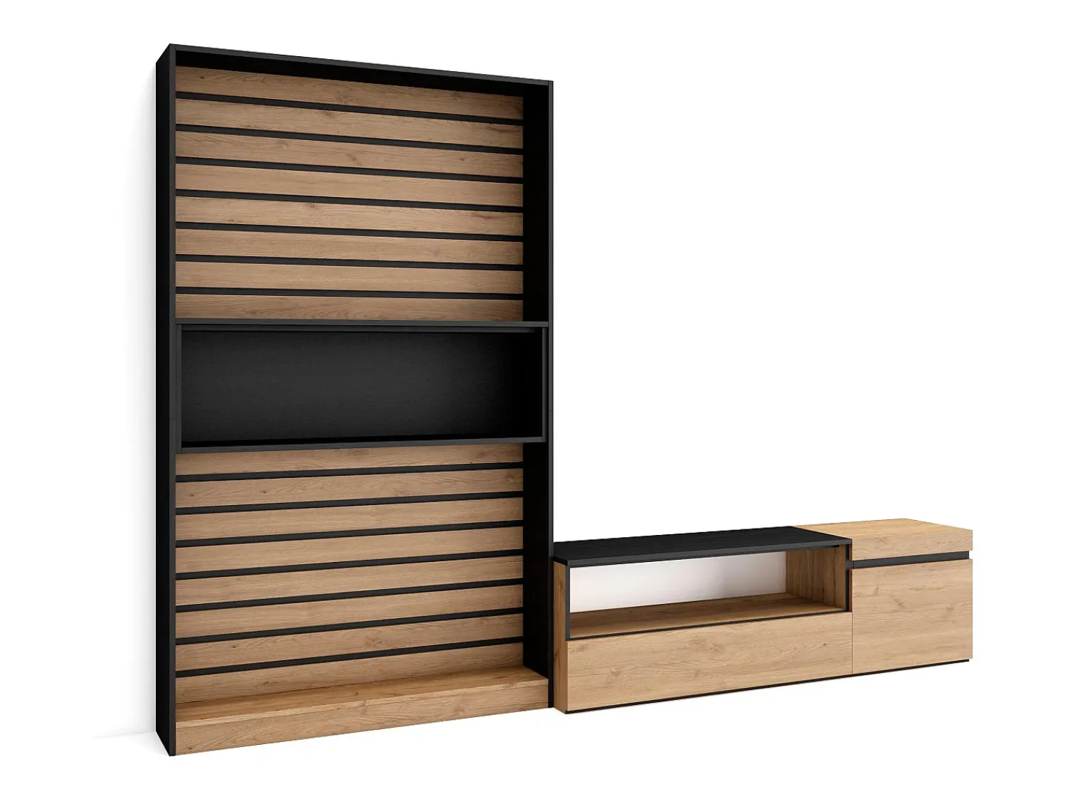 Hot Skraut Home Conjunto de móveis TV, 260x35x186cm, Para televisores até 65", Estante para TV, Carvahlo e preto Natural claro