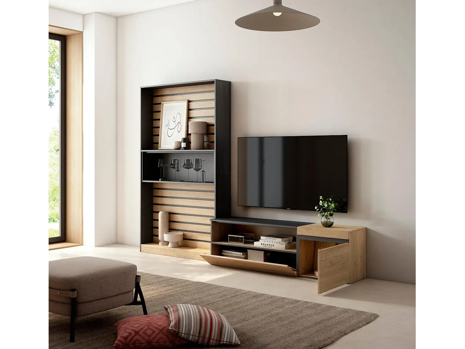 Hot Skraut Home Conjunto de móveis TV, 260x35x186cm, Para televisores até 65", Estante para TV, Carvahlo e preto Natural claro