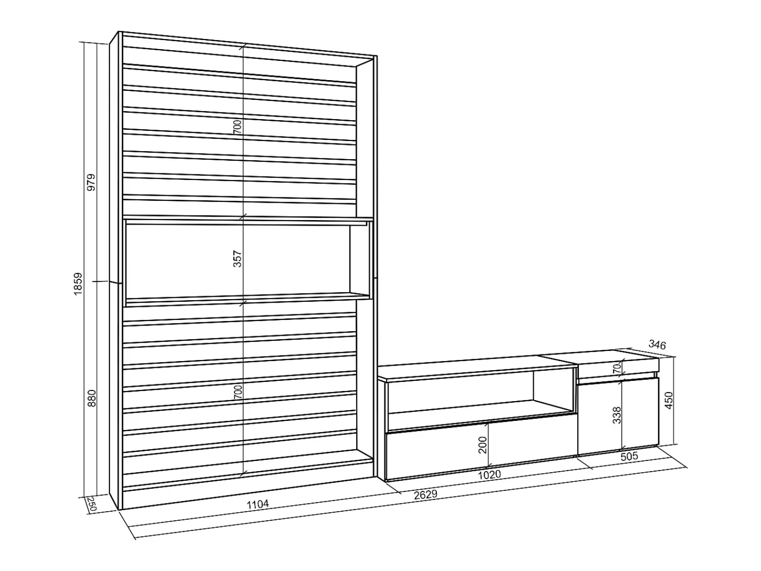 Hot Skraut Home Conjunto de móveis TV, 260x35x186cm, Para televisores até 65", Estante para TV, Carvahlo e preto Natural claro