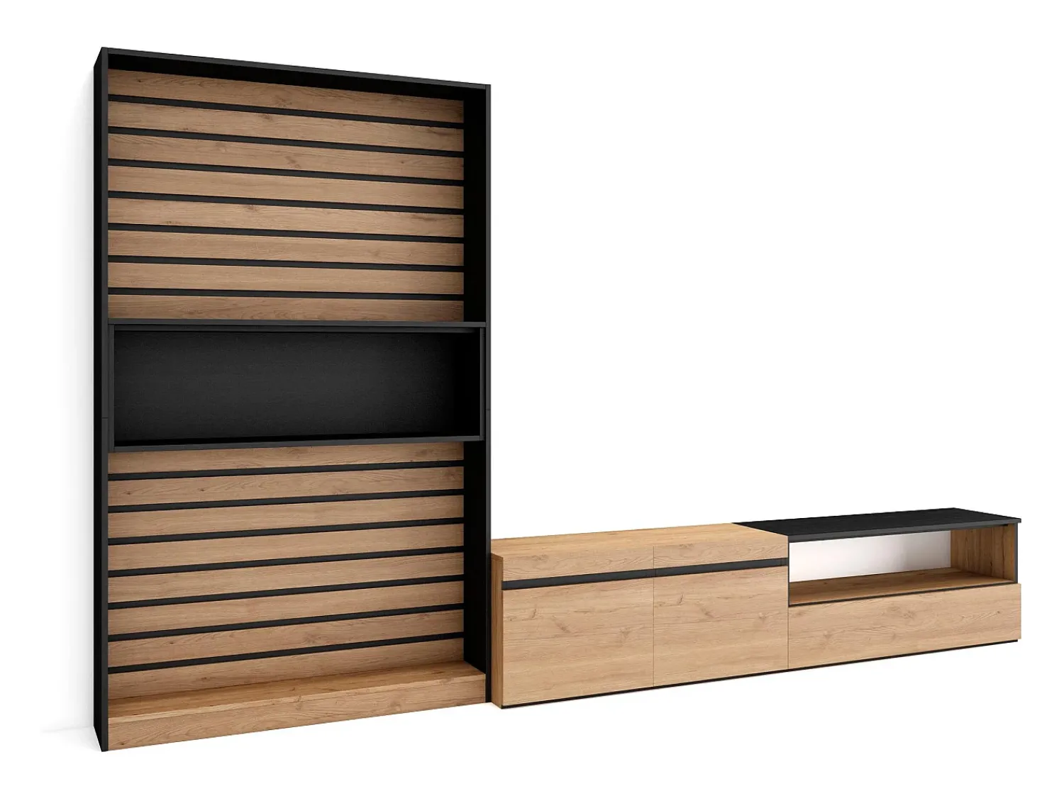 Móvel De Tv*Skraut Home Conjunto de móveis TV, 310x35x186cm, Para televisores até 80", Estante para TV, Carvahlo e preto Natural claro