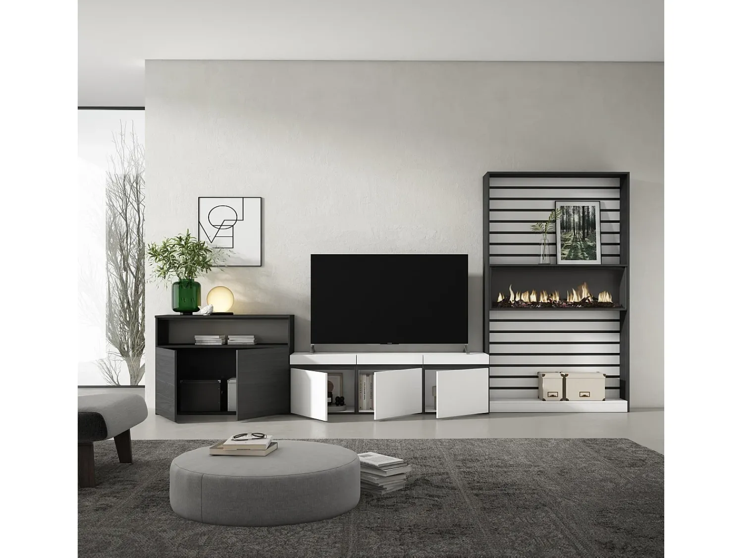 Móvel De Tv*Skraut Home Conjunto de móveis TV, 360x35x186cm, Para televisores até 65", Lareira eléctrica, e preto Branco