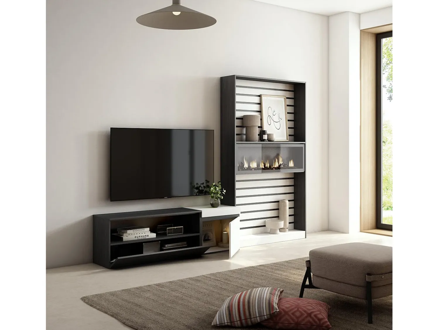 Skraut Home Conjunto de móveis TV, 260x35x186cm, Para televisores até 65", Lareira eléctrica, e preto^ Móvel De Tv