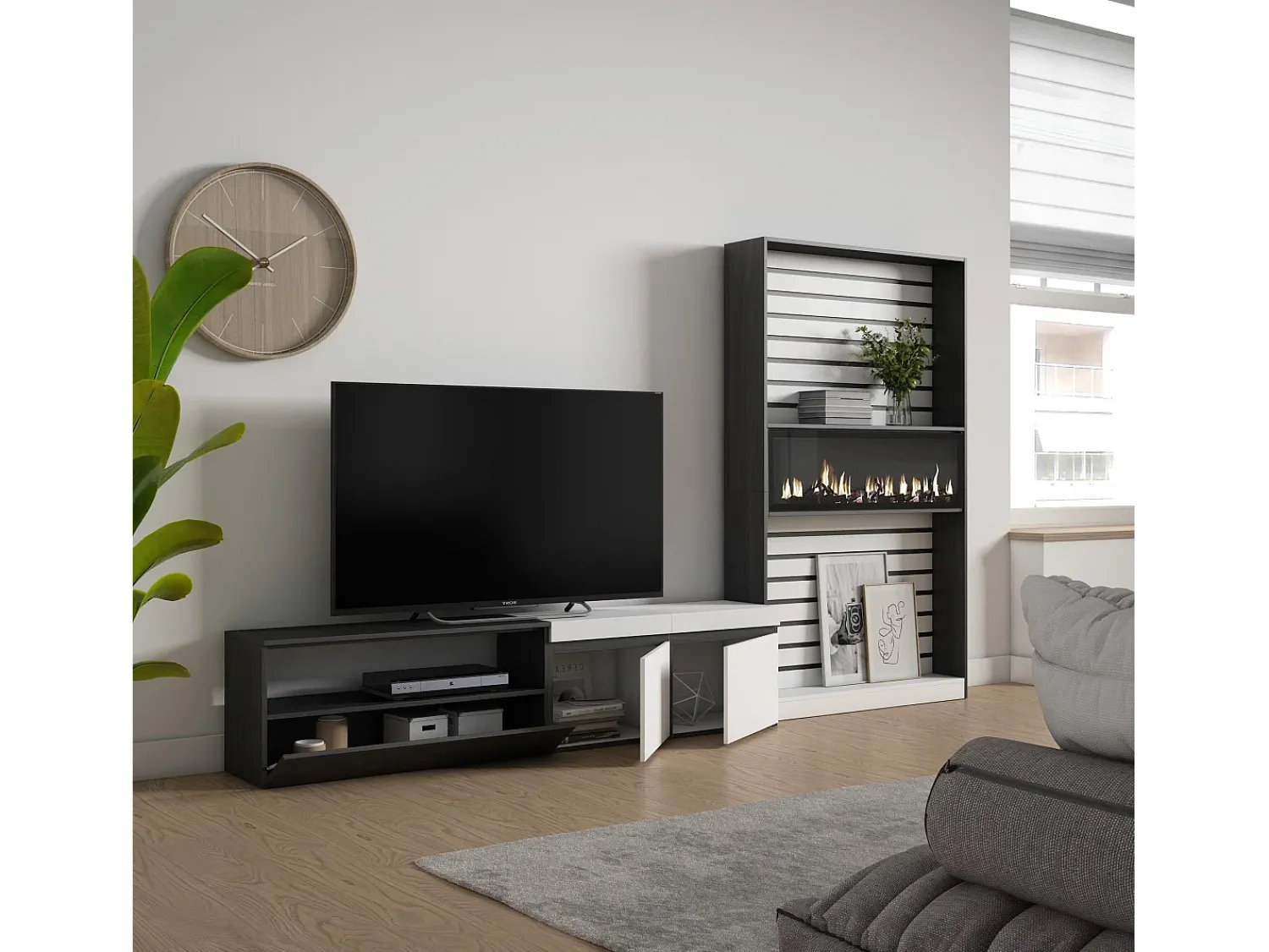 Móvel De Tv|Skraut Home Conjunto de móveis TV, 310x35x186cm, Para televisores até 80", Lareira eléctrica, e preto Branco