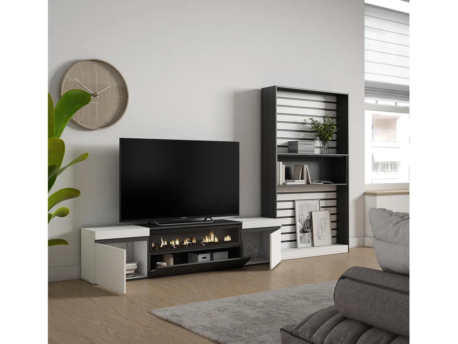 Skraut Home Conjunto de móveis TV, 310x35x186cm, Para televisores até 80", Lareira eléctrica, e preto^ Móvel De Tv
