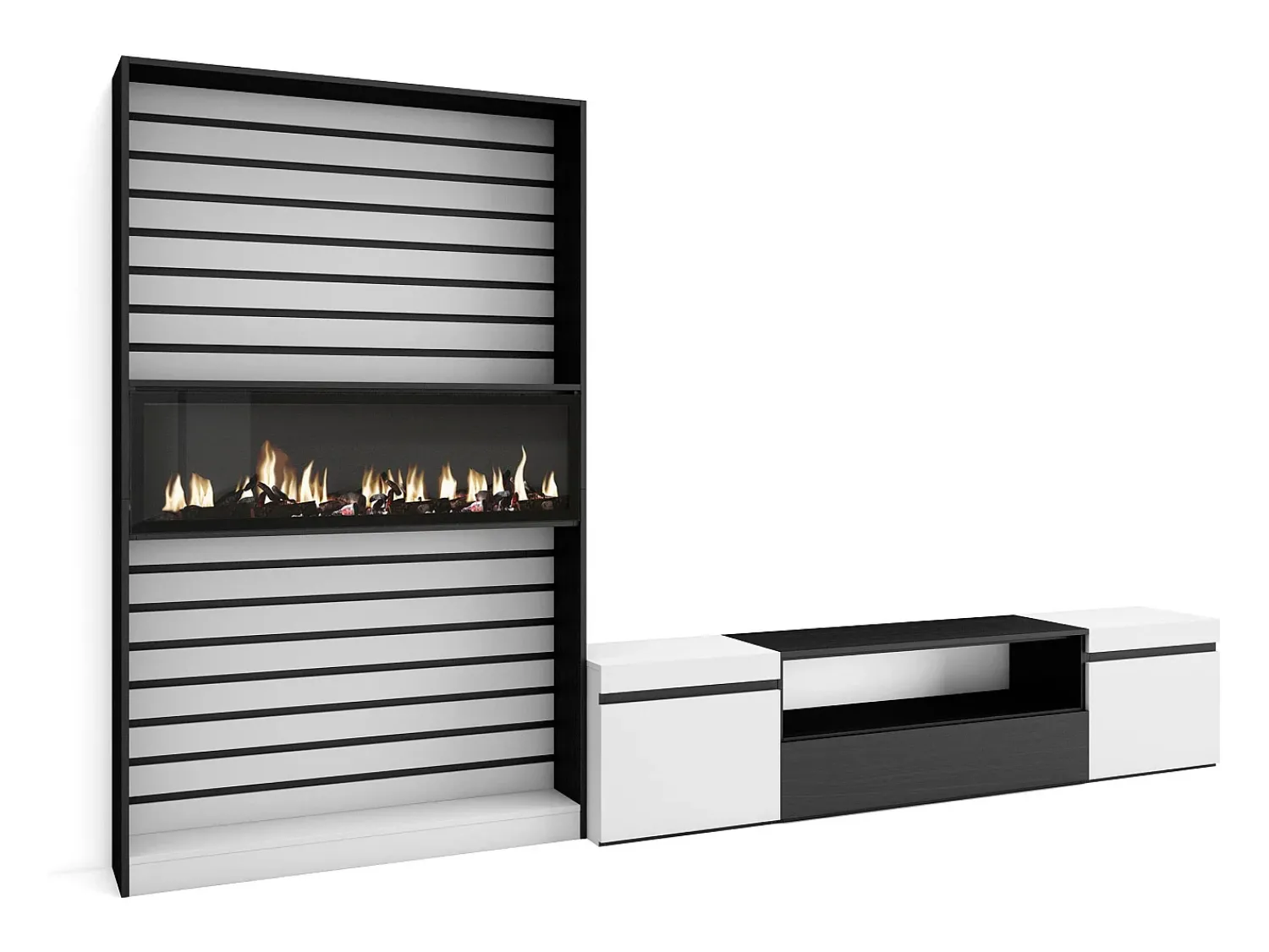 Móvel De Tv*Skraut Home Conjunto de móveis TV, 310x35x186cm, Para televisores até 80", Lareira eléctrica, e preto Branco