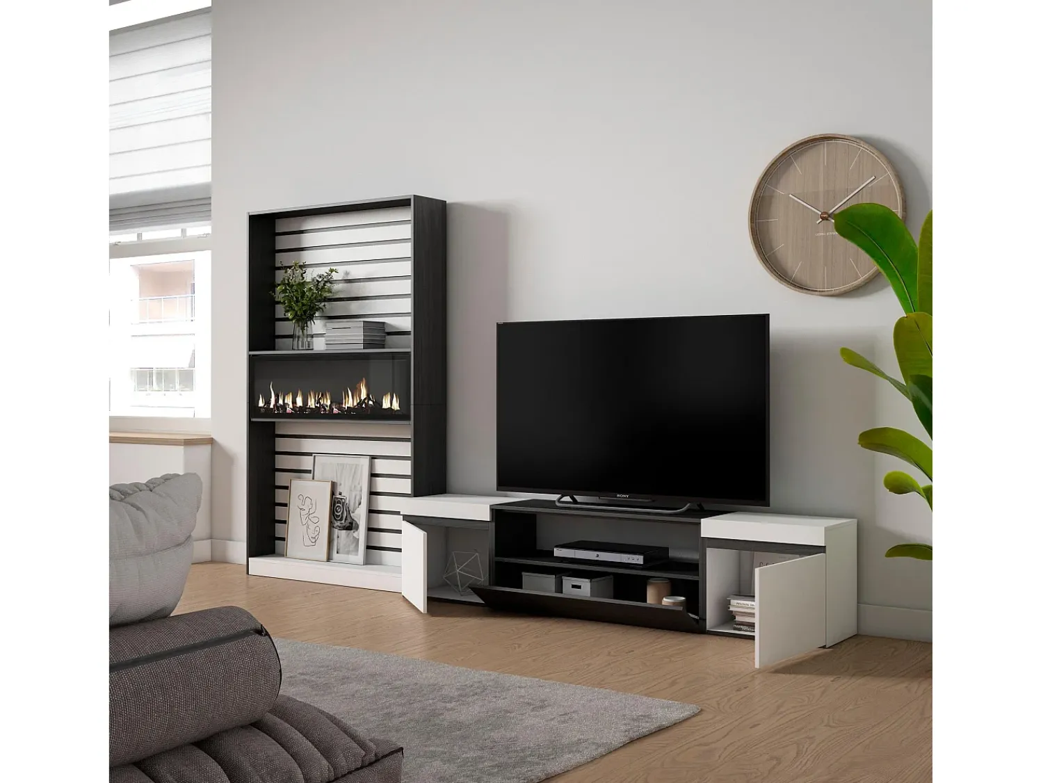Móvel De Tv*Skraut Home Conjunto de móveis TV, 310x35x186cm, Para televisores até 80", Lareira eléctrica, e preto Branco
