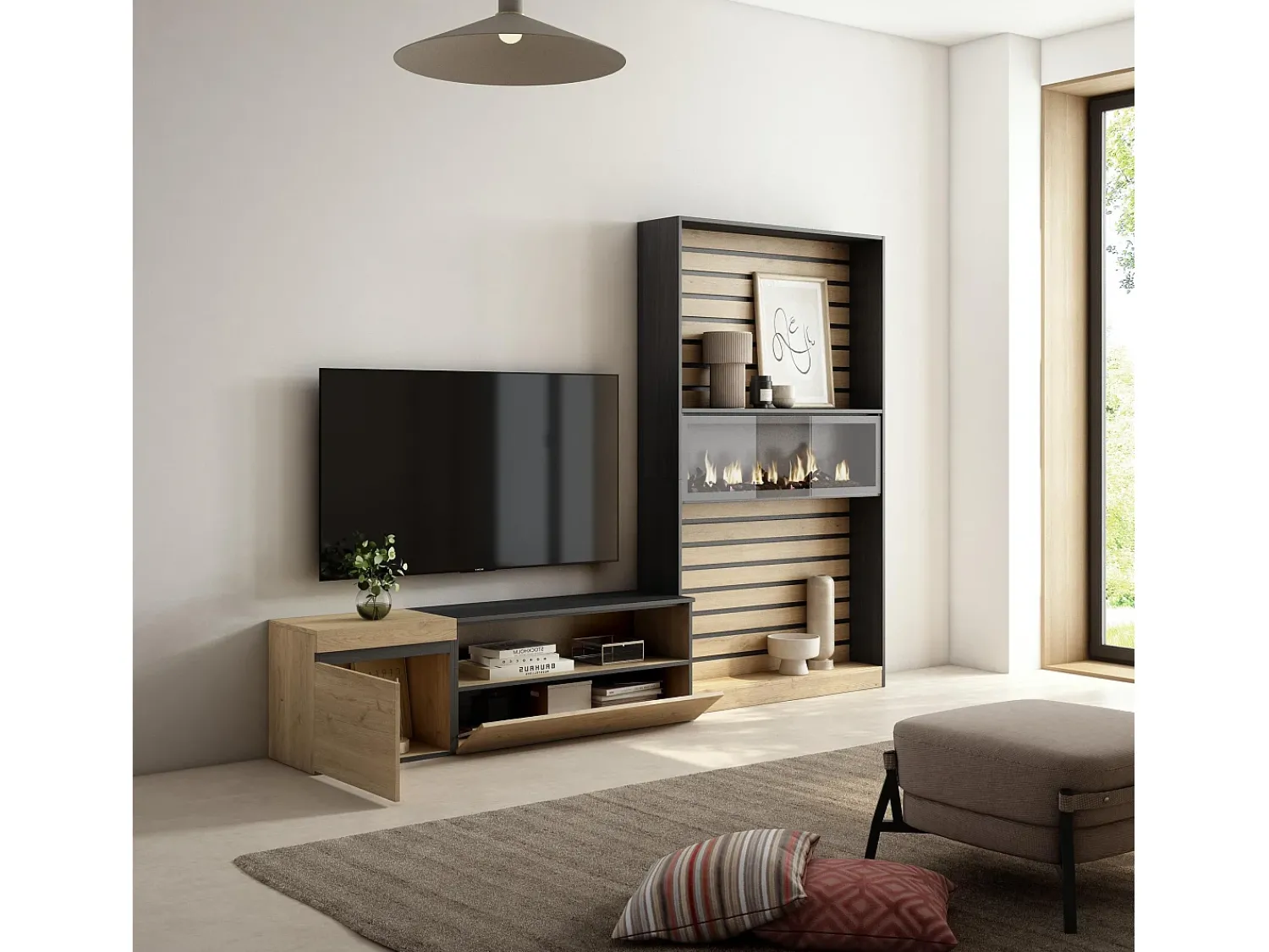 Discount Skraut Home Conjunto de móveis TV, 260x35x186cm, Para televisores até 65", Lareira eléctrica, Carvahlo e preto Natural claro