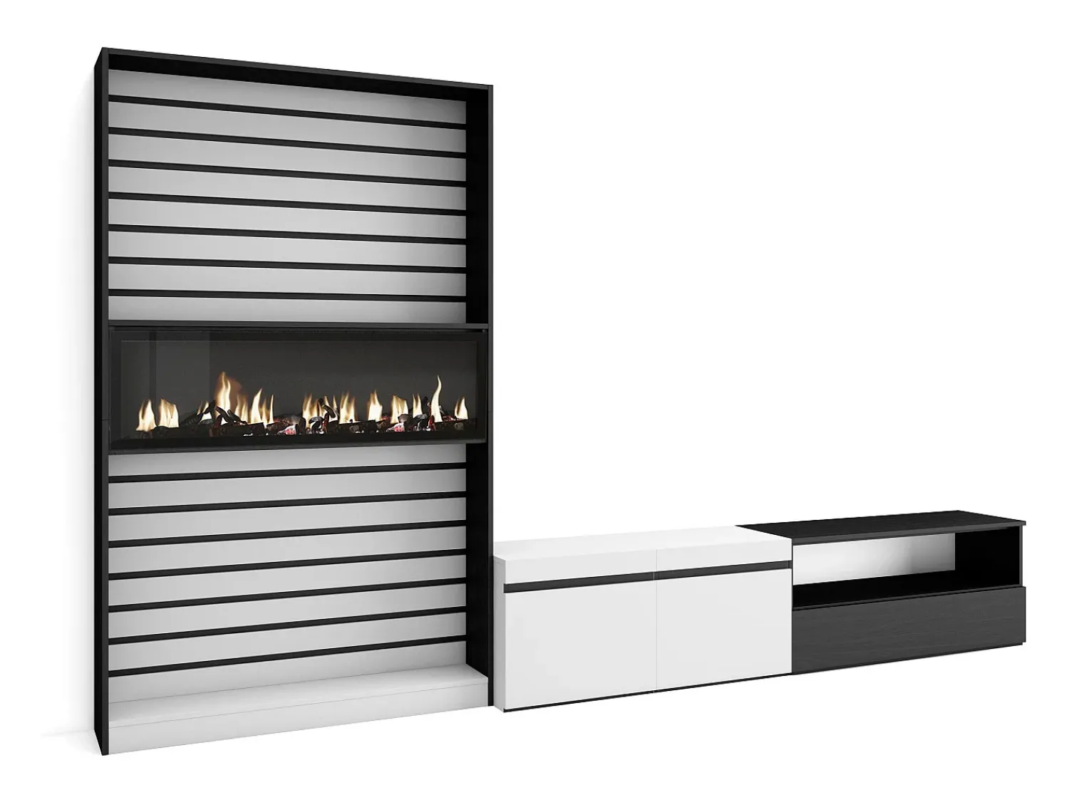 Móvel De Tv|Skraut Home Conjunto de móveis TV, 310x35x186cm, Para televisores até 80", Lareira eléctrica, e preto Branco