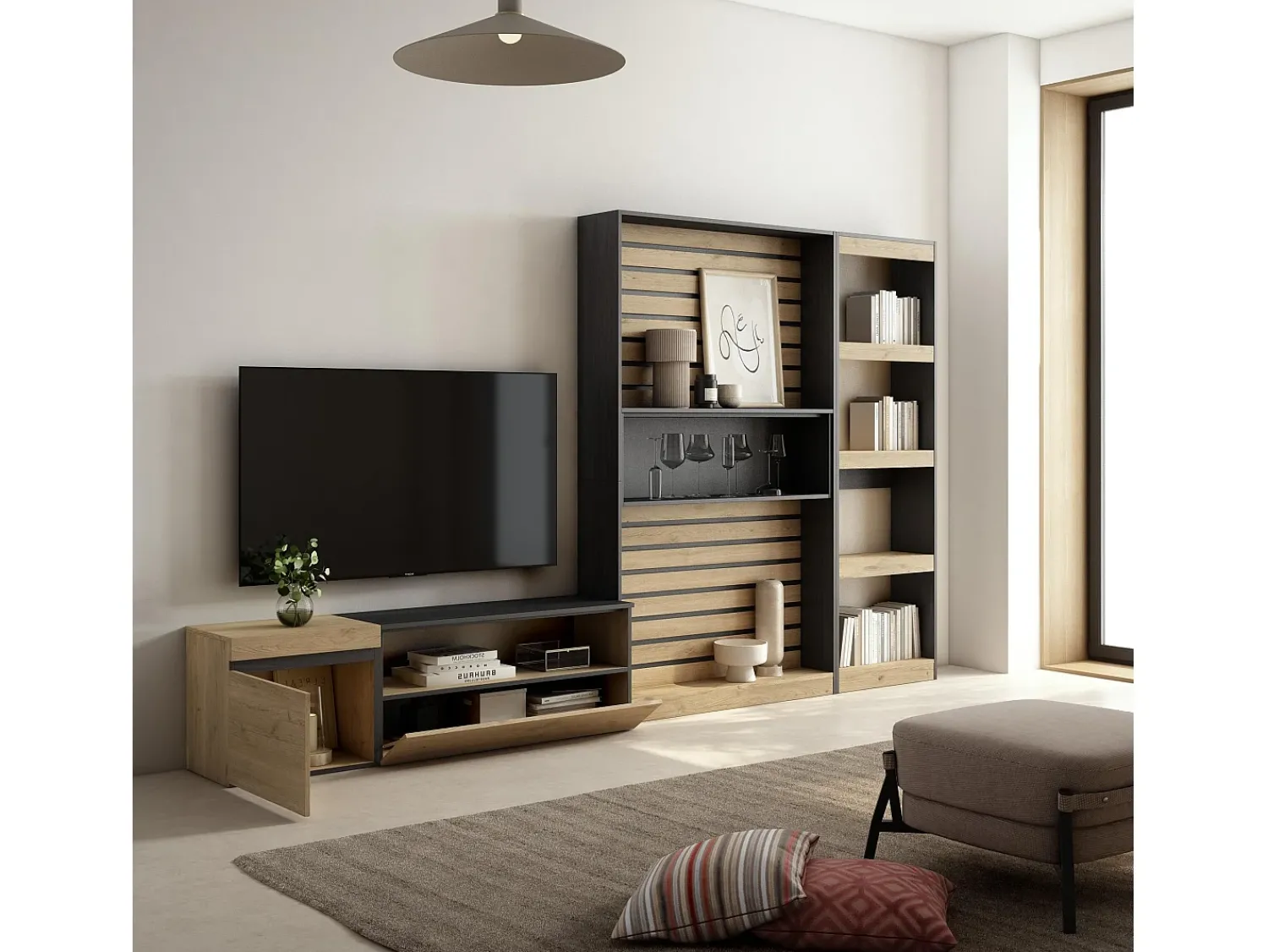 Online Skraut Home Conjunto de móveis TV, 320x35x186cm, Estante para TV, Carvahlo e preto Natural claro