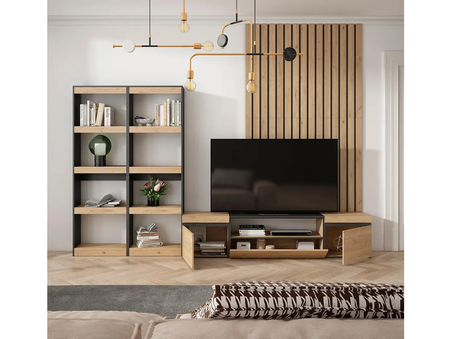 Móvel De Tv|Skraut Home Conjunto de móveis TV, 320x35x186cm, Para televisores até 80", Estante para TV, Carvahlo e preto Natural claro