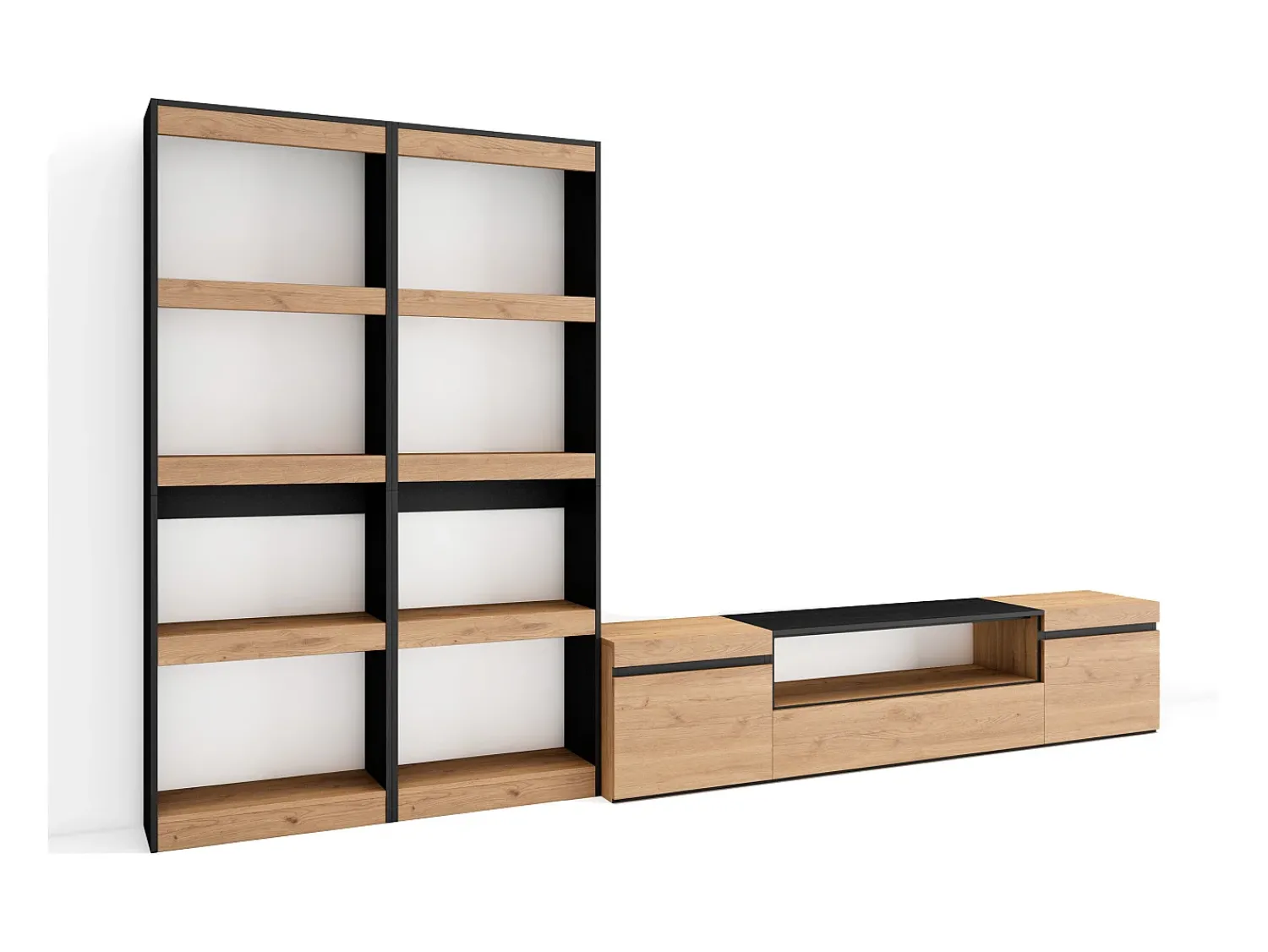 Móvel De Tv|Skraut Home Conjunto de móveis TV, 320x35x186cm, Para televisores até 80", Estante para TV, Carvahlo e preto Natural claro