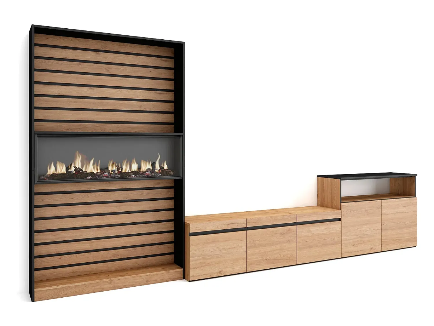Skraut Home Conjunto de móveis TV, 360x35x186cm, Para televisores até 65", Lareira eléctrica, Carvahlo e preto^ Móvel De Tv