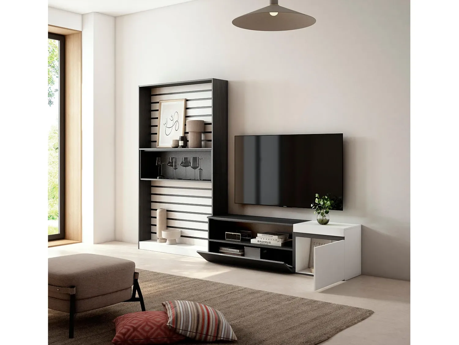Clearance Skraut Home Conjunto de móveis TV, 260x35x186cm, Para televisores até 65", Estante para TV, e preto Branco