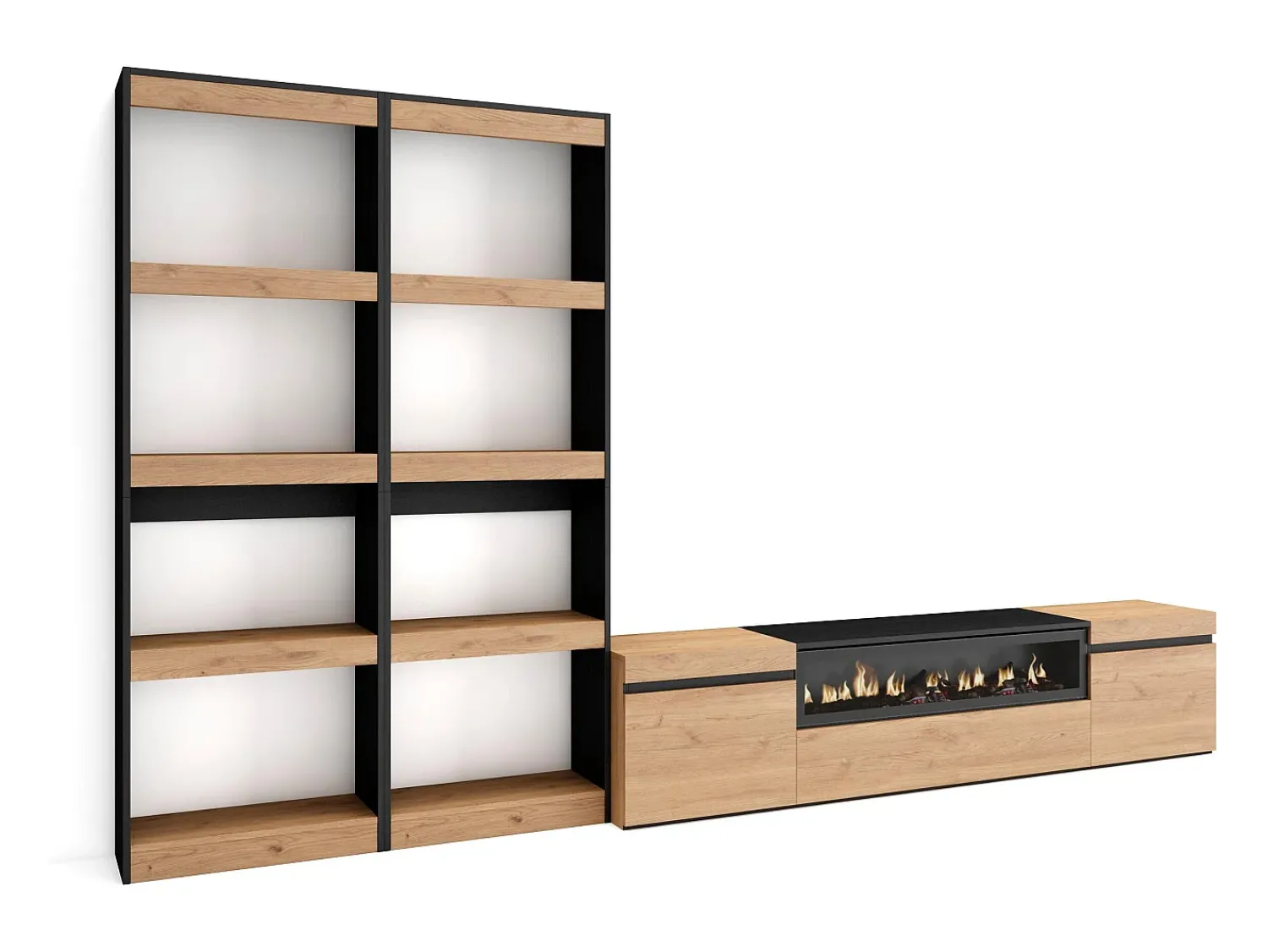 Móvel De Tv*Skraut Home Conjunto de móveis TV, 320x35x186cm, Para televisores até 80", Lareira eléctrica, Carvahlo e preto Natural claro