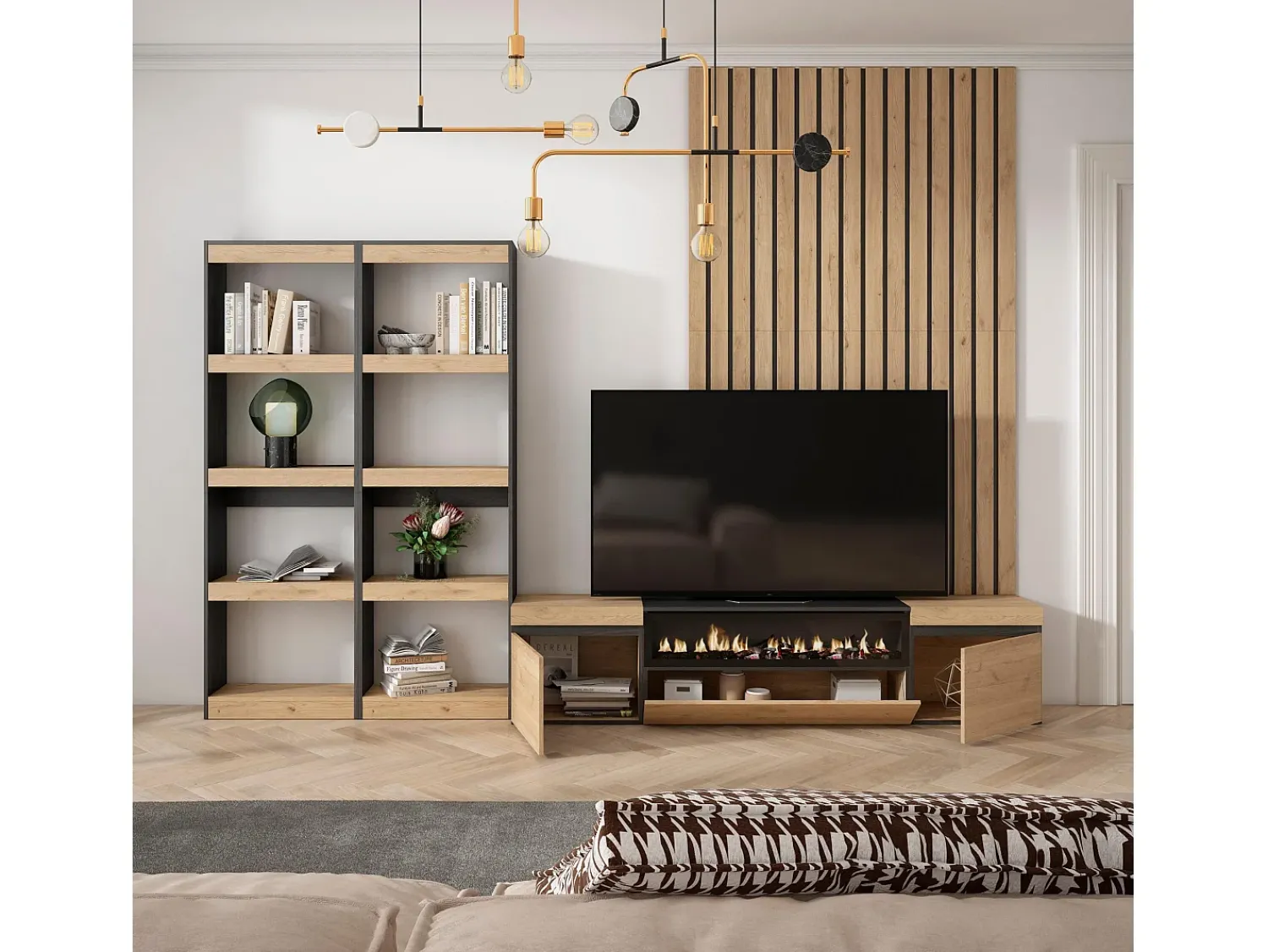 Móvel De Tv*Skraut Home Conjunto de móveis TV, 320x35x186cm, Para televisores até 80", Lareira eléctrica, Carvahlo e preto Natural claro