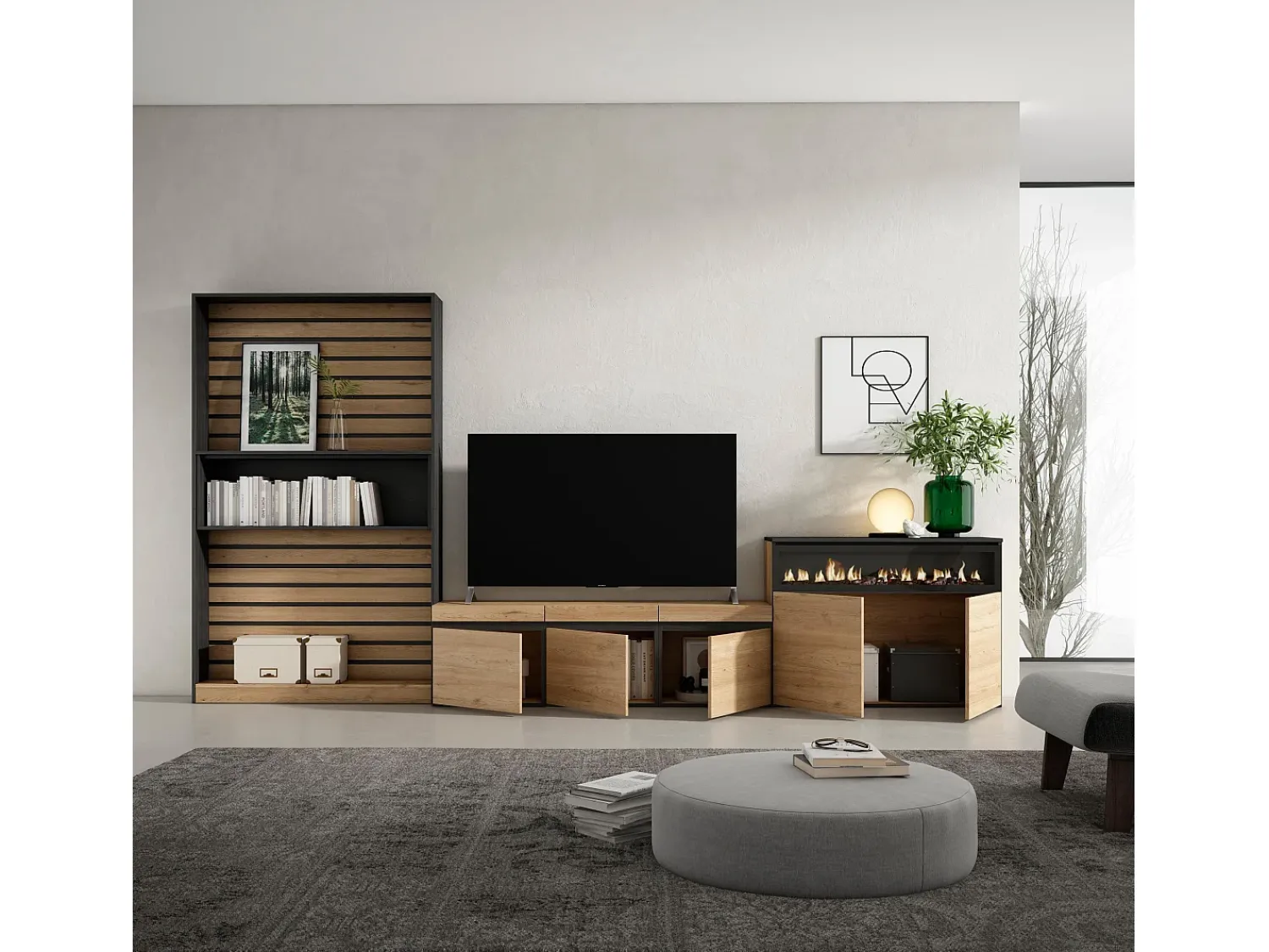 Outlet Skraut Home Conjunto de móveis TV, 360x35x186cm, Para televisores até 65", Lareira eléctrica, Carvahlo e preto Natural claro