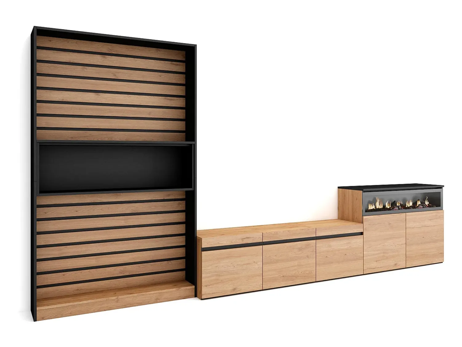 Outlet Skraut Home Conjunto de móveis TV, 360x35x186cm, Para televisores até 65", Lareira eléctrica, Carvahlo e preto Natural claro