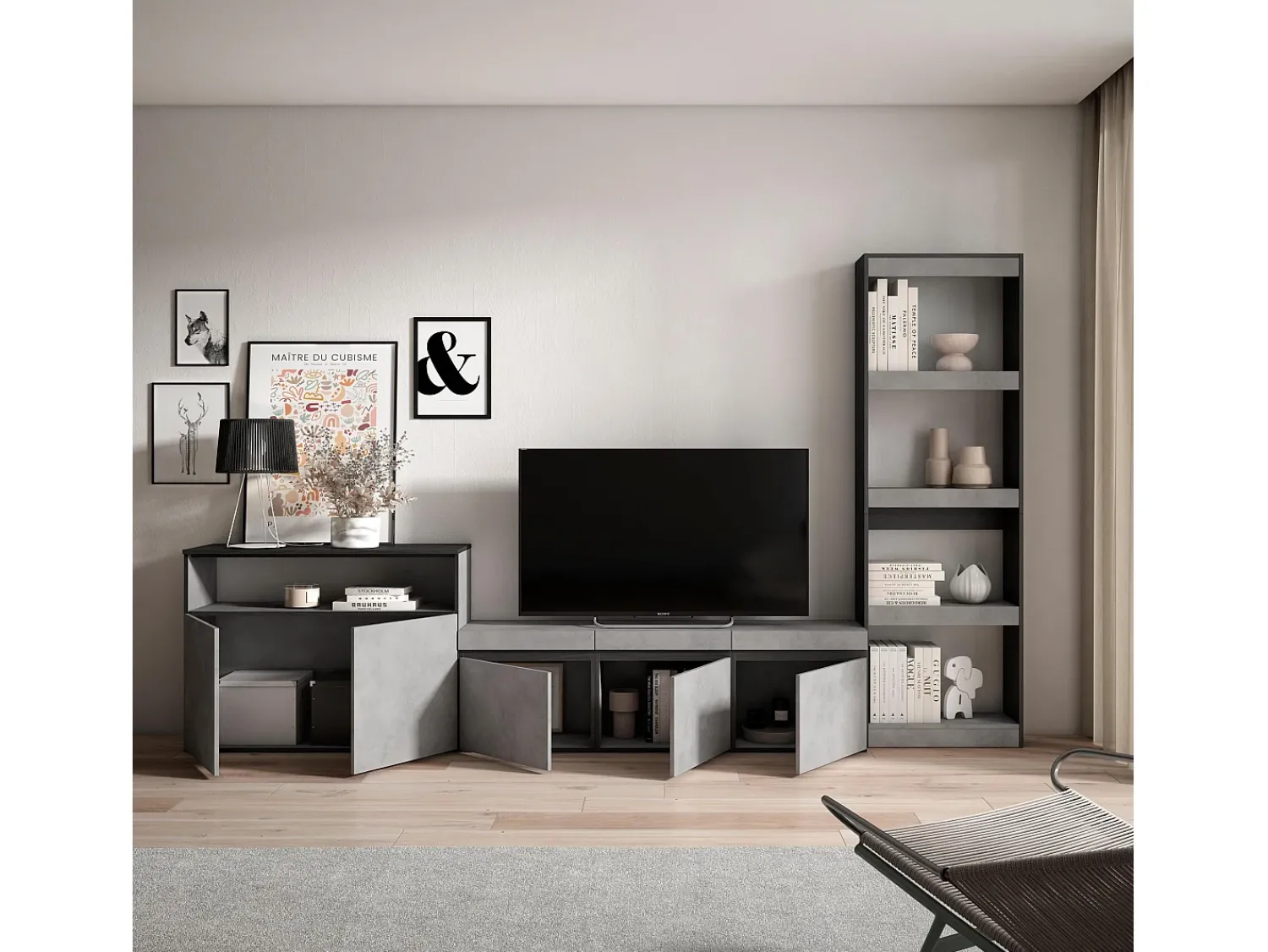 Online Skraut Home Conjunto de móveis TV, 310x35x186cm, Para televisores até 65", Estante para TV, Cimento Cinzento