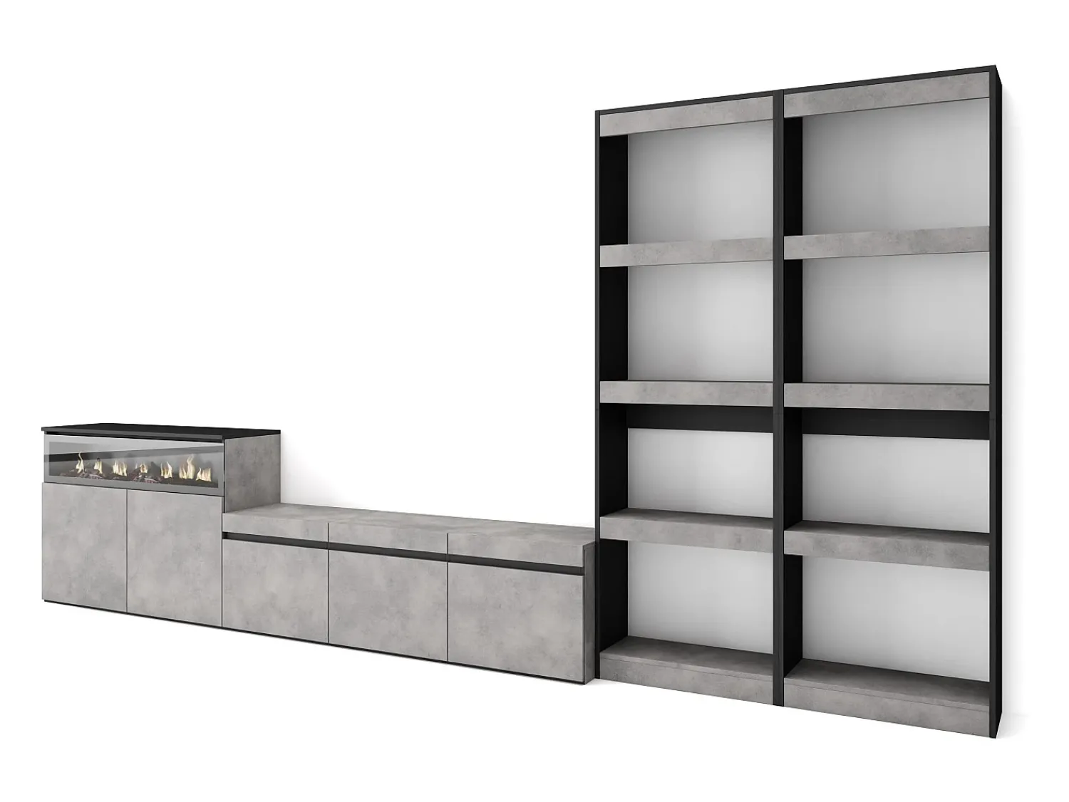 Skraut Home Conjunto de móveis TV, 370x35x186cm, Para televisores até 65", Lareira eléctrica, Cimento^ Móvel De Tv