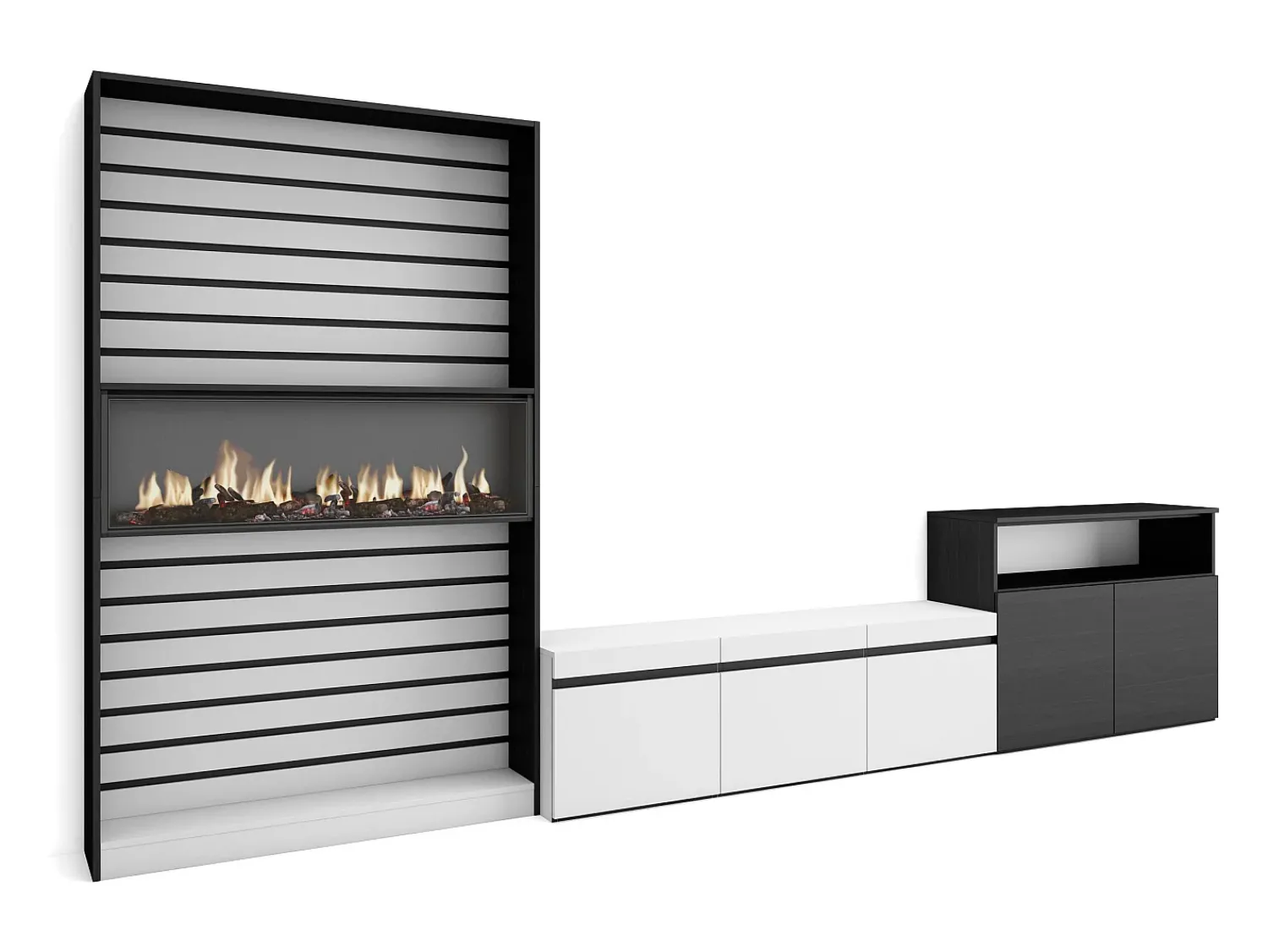 Skraut Home Conjunto de móveis TV, 360x35x186cm, Para televisores até 65", Lareira eléctrica, e preto Branco
