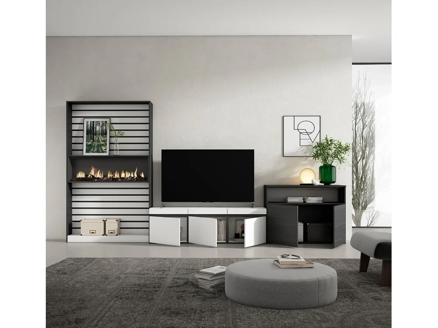 Skraut Home Conjunto de móveis TV, 360x35x186cm, Para televisores até 65", Lareira eléctrica, e preto Branco