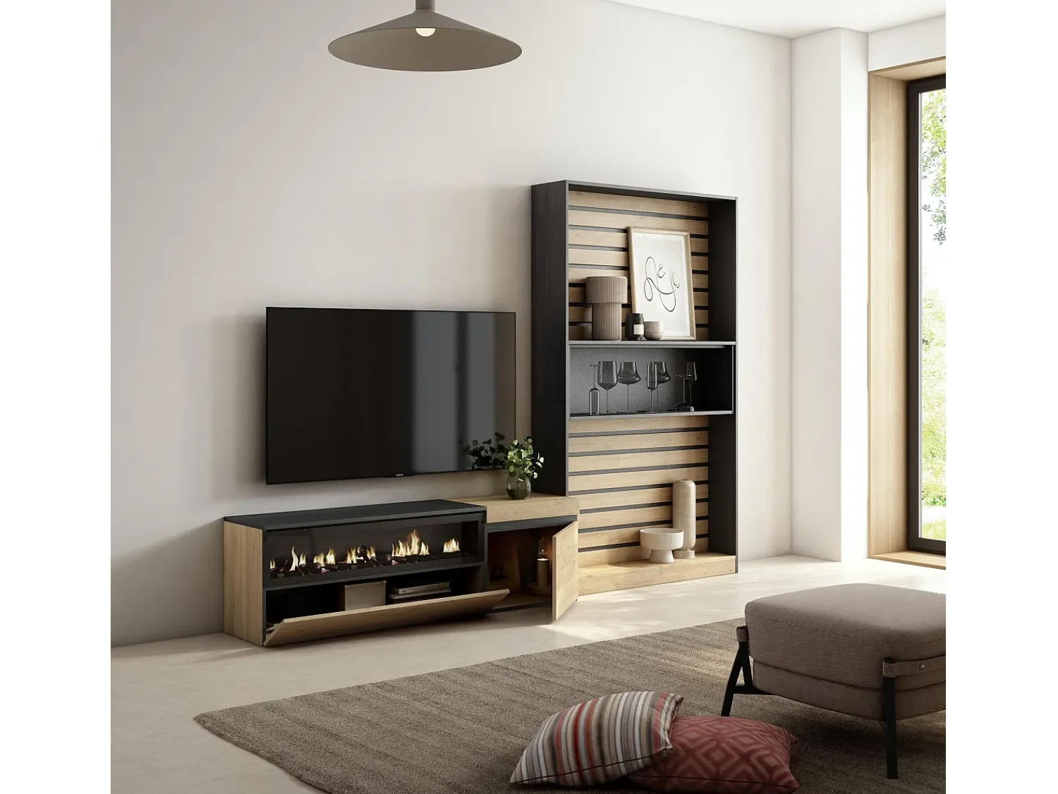 Hot Skraut Home Conjunto de móveis TV, 260x35x186cm, Para televisores até 65", Lareira eléctrica, Carvahlo e preto Natural claro