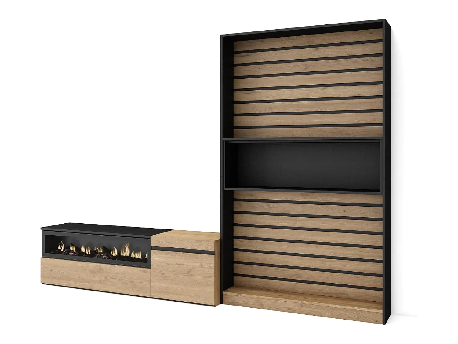 Hot Skraut Home Conjunto de móveis TV, 260x35x186cm, Para televisores até 65", Lareira eléctrica, Carvahlo e preto Natural claro
