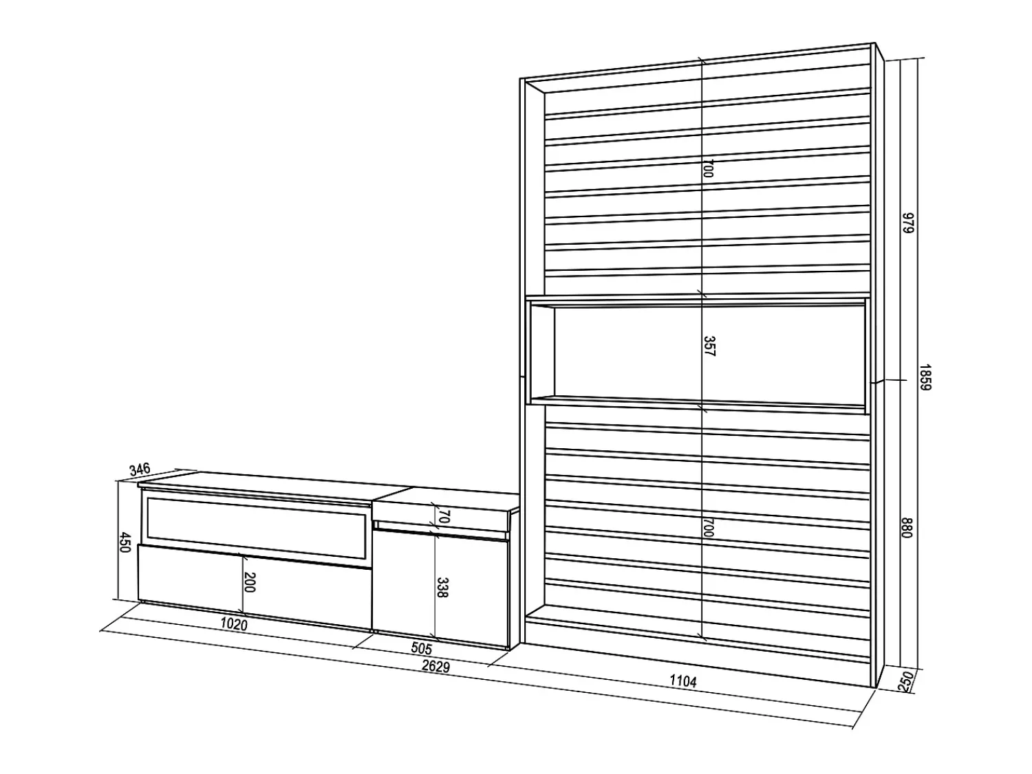 Hot Skraut Home Conjunto de móveis TV, 260x35x186cm, Para televisores até 65", Lareira eléctrica, Carvahlo e preto Natural claro