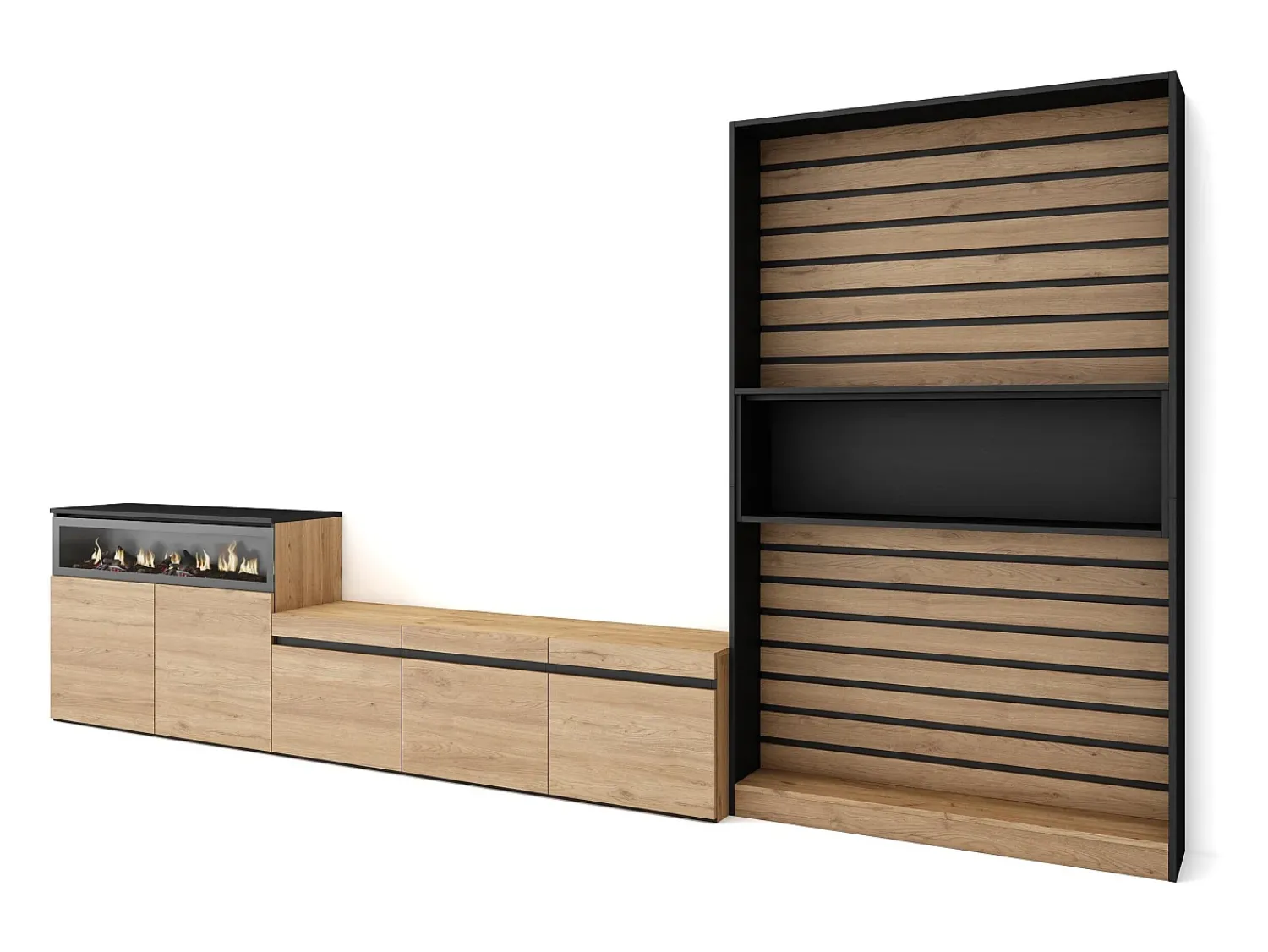 Móvel De Tv*Skraut Home Conjunto de móveis TV, 360x35x186cm, Para televisores até 65", Lareira eléctrica, Carvahlo e preto Natural claro