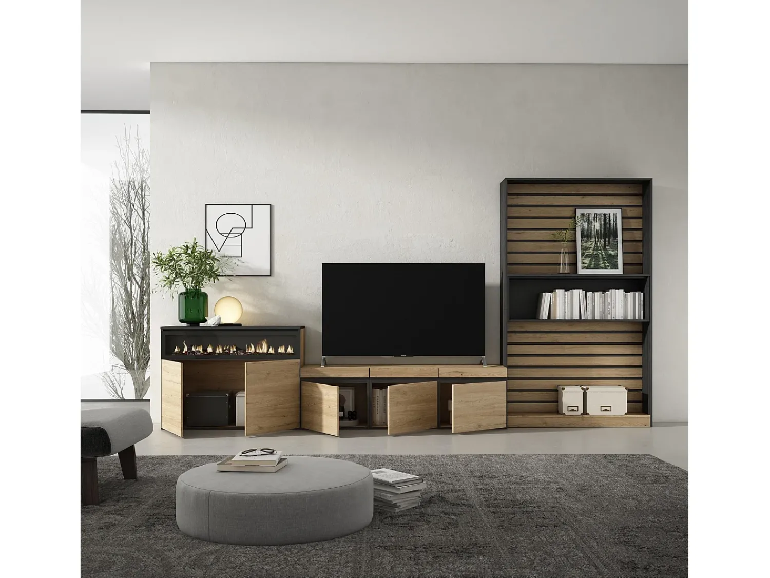 Móvel De Tv*Skraut Home Conjunto de móveis TV, 360x35x186cm, Para televisores até 65", Lareira eléctrica, Carvahlo e preto Natural claro