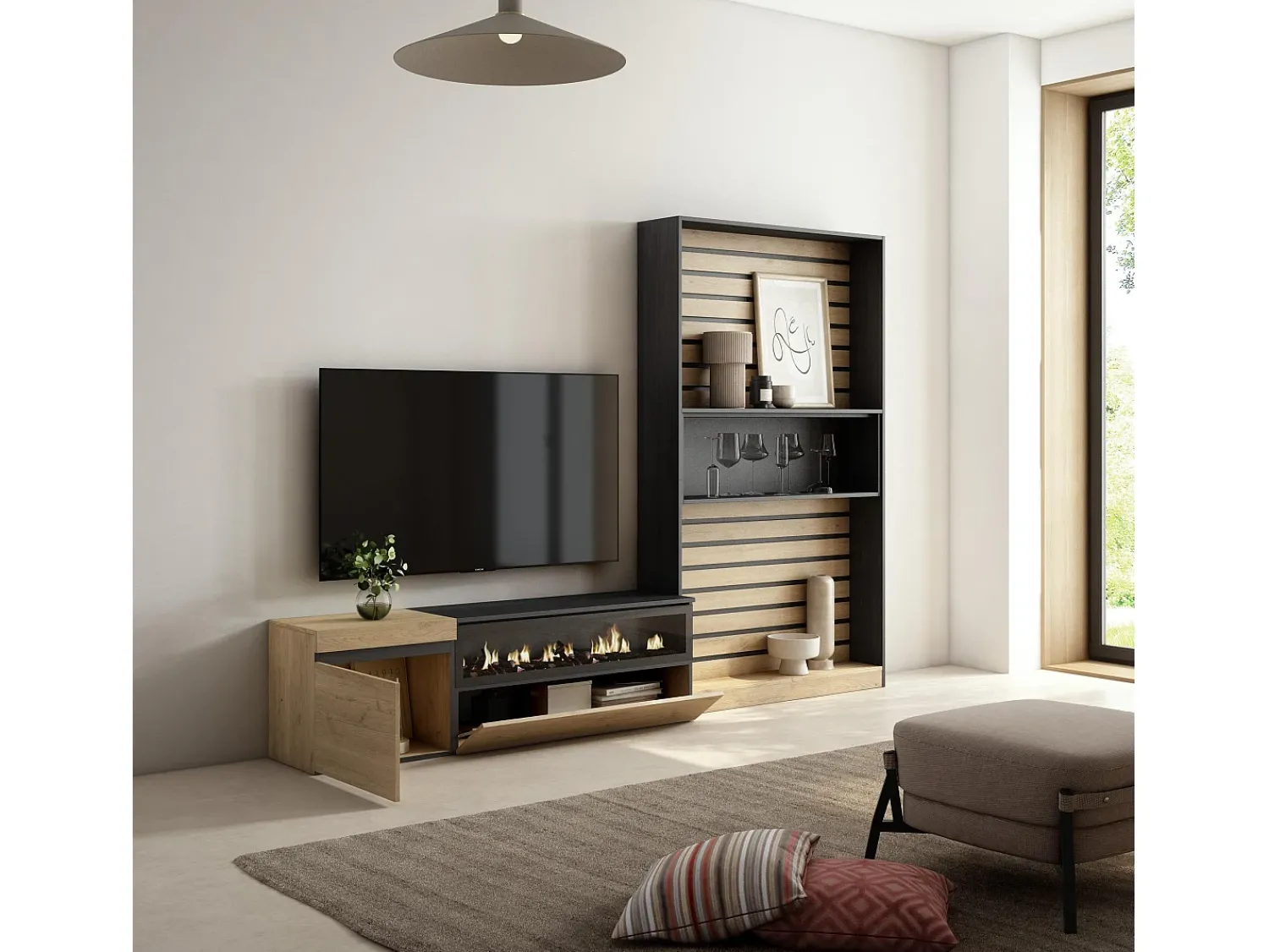 Online Skraut Home Conjunto de móveis TV, 260x35x186cm, Para televisores até 65", Lareira eléctrica, Carvahlo e preto Natural claro