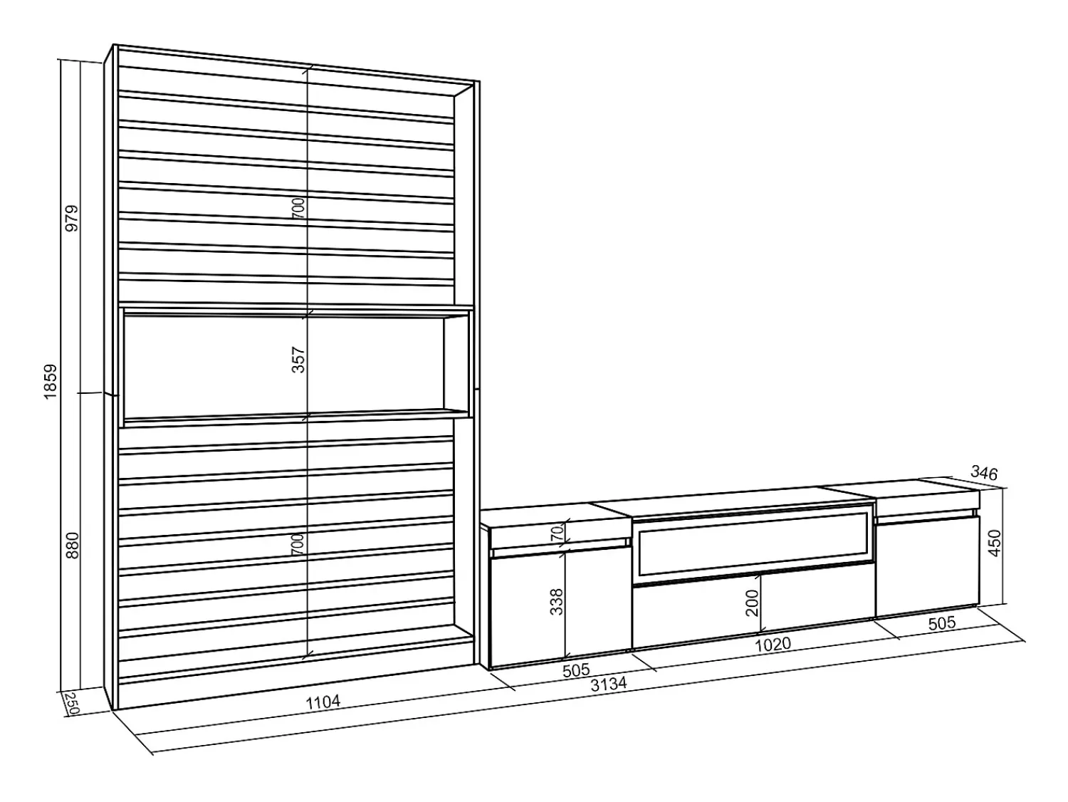 New Skraut Home Conjunto de móveis TV, 310x35x186cm, Para televisores até 80", Lareira eléctrica, Carvahlo e preto Natural claro