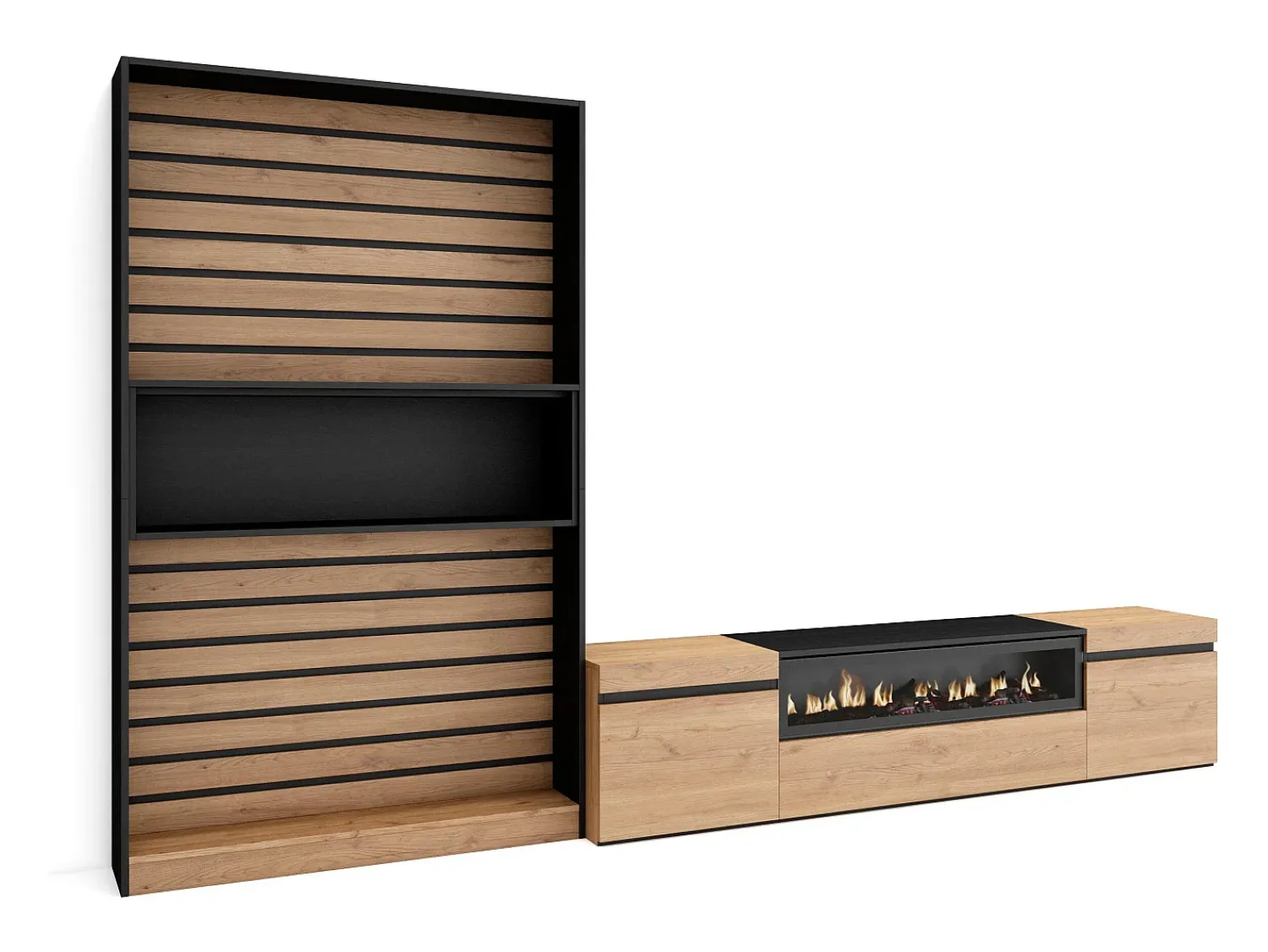 New Skraut Home Conjunto de móveis TV, 310x35x186cm, Para televisores até 80", Lareira eléctrica, Carvahlo e preto Natural claro