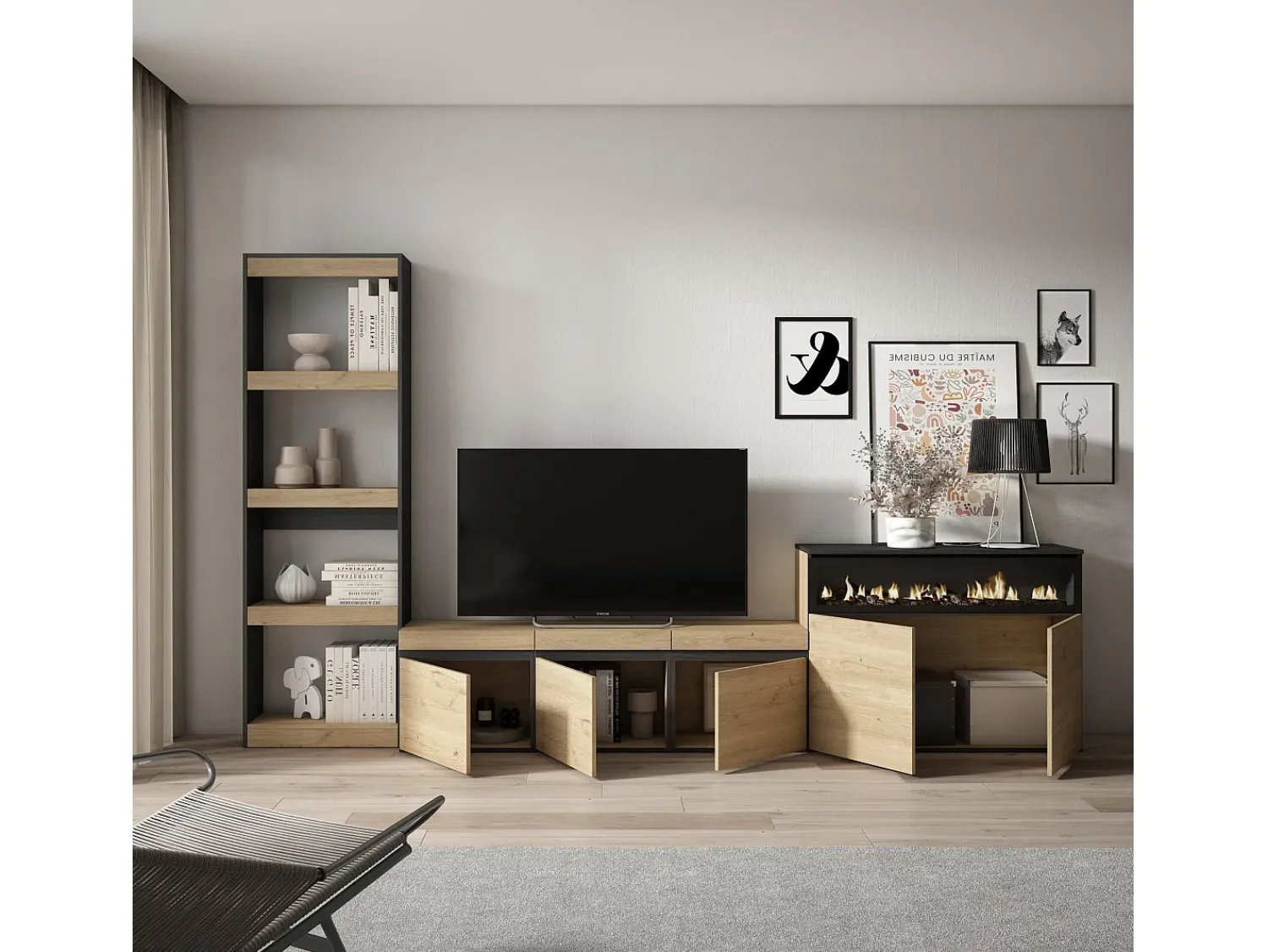 Outlet Skraut Home Conjunto de móveis TV, 310x35x186cm, Para televisores até 65", Lareira eléctrica, Carvahlo e preto Natural claro
