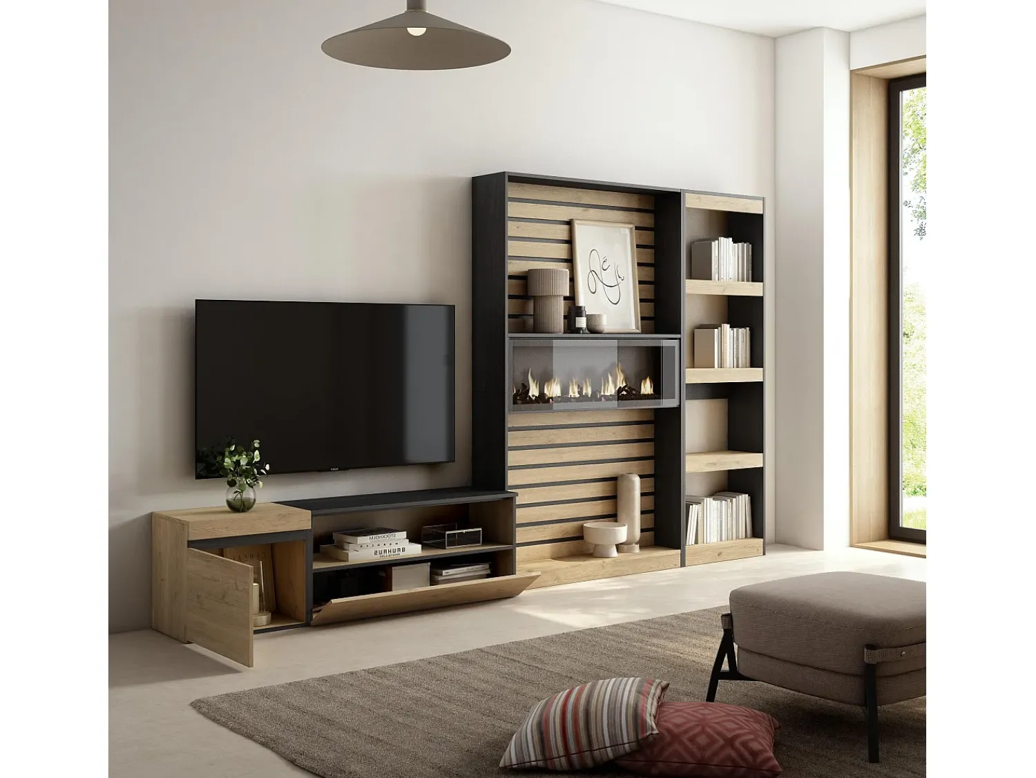 Móvel De Tv|Skraut Home Conjunto de móveis TV, 320x35x186cm, Lareira eléctrica, Carvahlo e preto Natural claro