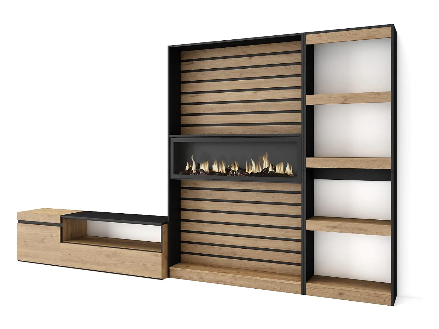 Móvel De Tv|Skraut Home Conjunto de móveis TV, 320x35x186cm, Lareira eléctrica, Carvahlo e preto Natural claro