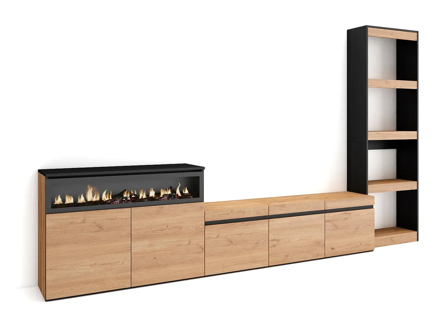 Móvel De Tv*Skraut Home Conjunto de móveis TV, 310x35x186cm, Para televisores até 65", Lareira eléctrica, Carvahlo e preto Natural claro