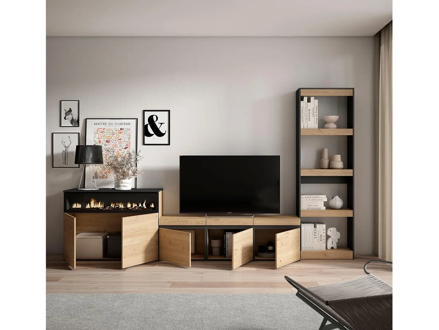 Móvel De Tv*Skraut Home Conjunto de móveis TV, 310x35x186cm, Para televisores até 65", Lareira eléctrica, Carvahlo e preto Natural claro