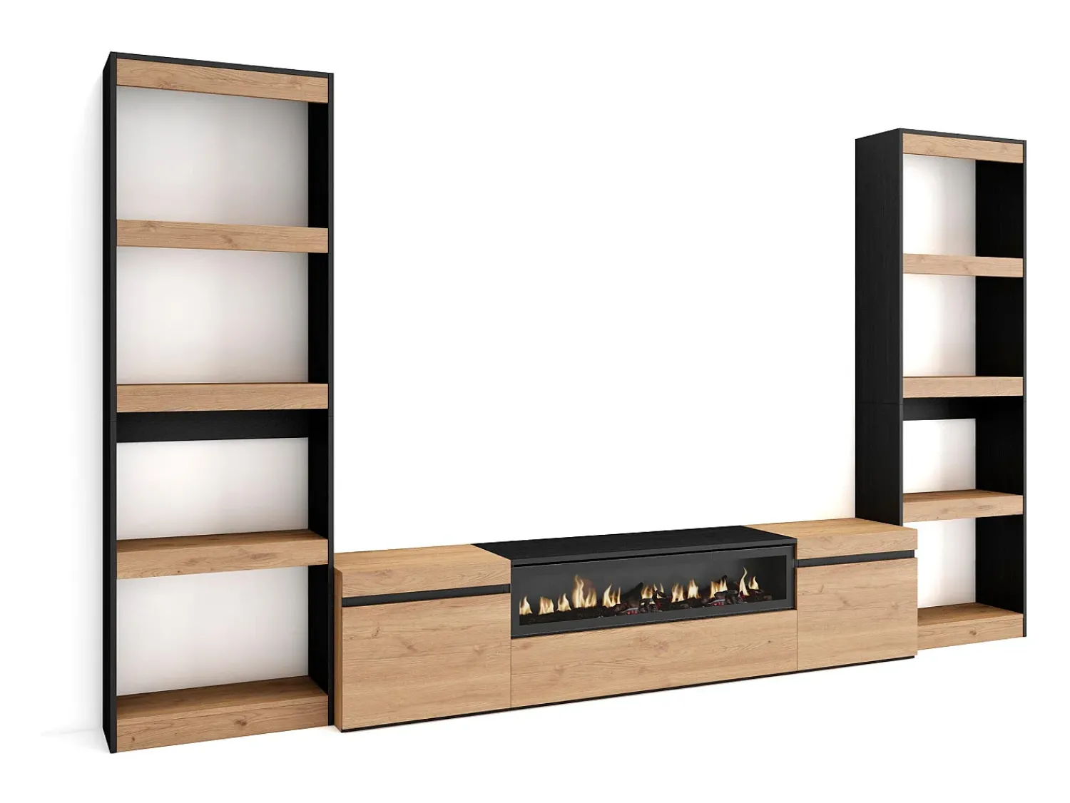 Móvel De Tv|Skraut Home Conjunto de móveis TV, 320x35x186cm, Para televisores até 80", Lareira eléctrica, Carvahlo e preto Natural claro