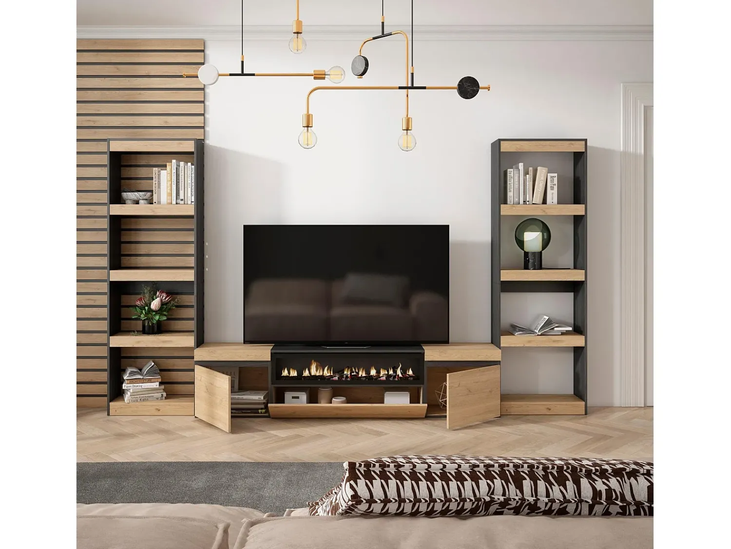 Móvel De Tv|Skraut Home Conjunto de móveis TV, 320x35x186cm, Para televisores até 80", Lareira eléctrica, Carvahlo e preto Natural claro