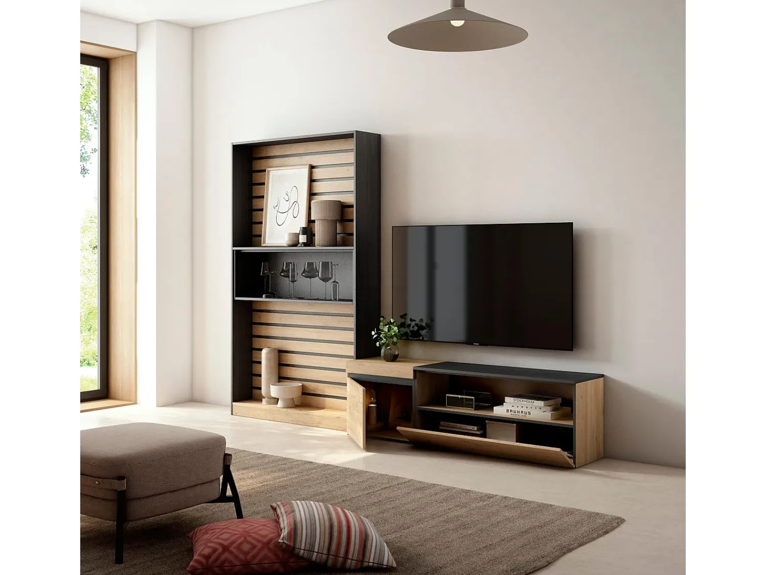 Móvel De Tv|Skraut Home Conjunto de móveis TV, 260x35x186cm, Para televisores até 65", Estante para TV, Carvahlo e preto Natural claro